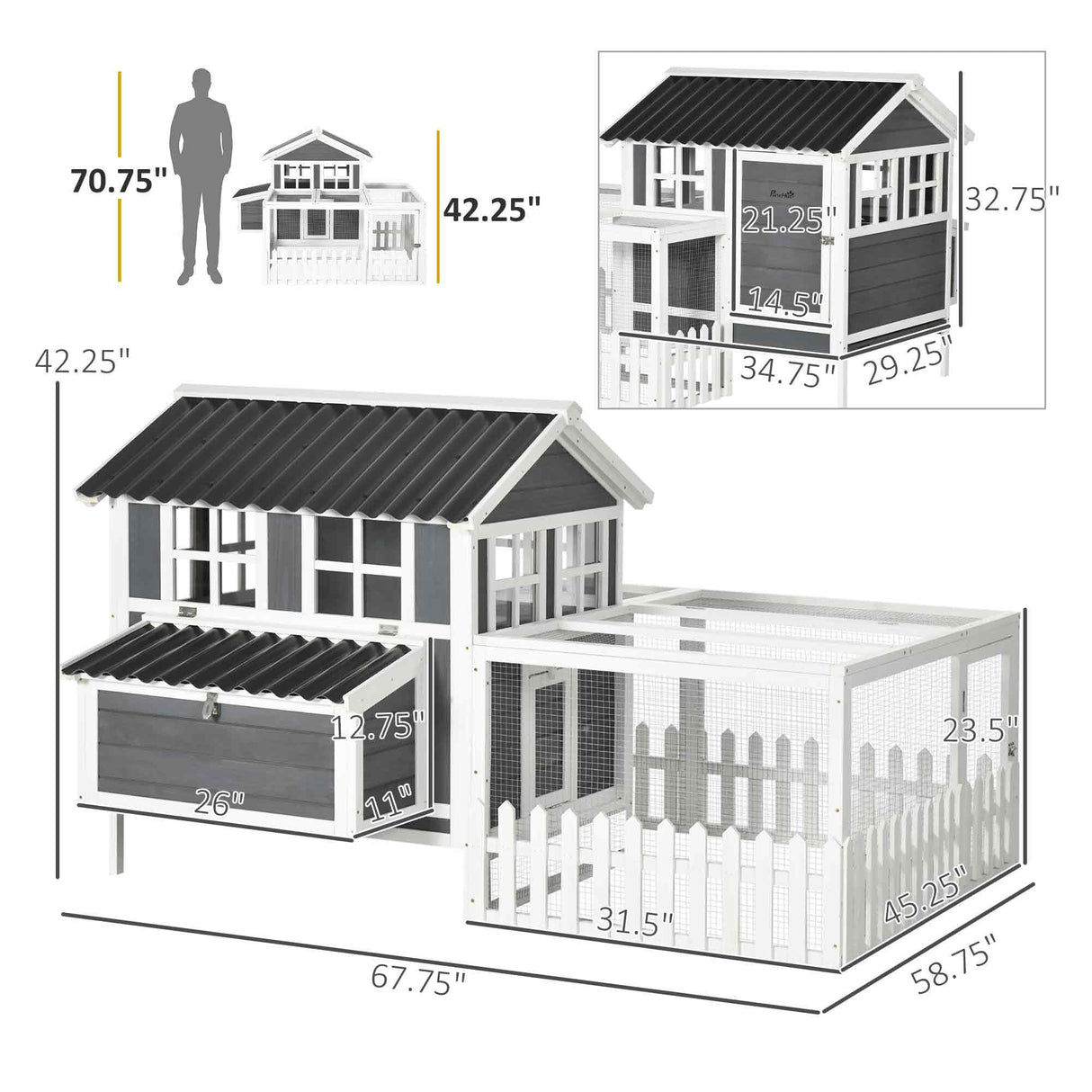 Wooden Chicken Coop with Run for 3-4 Chickens, Hen House with Nesting Box