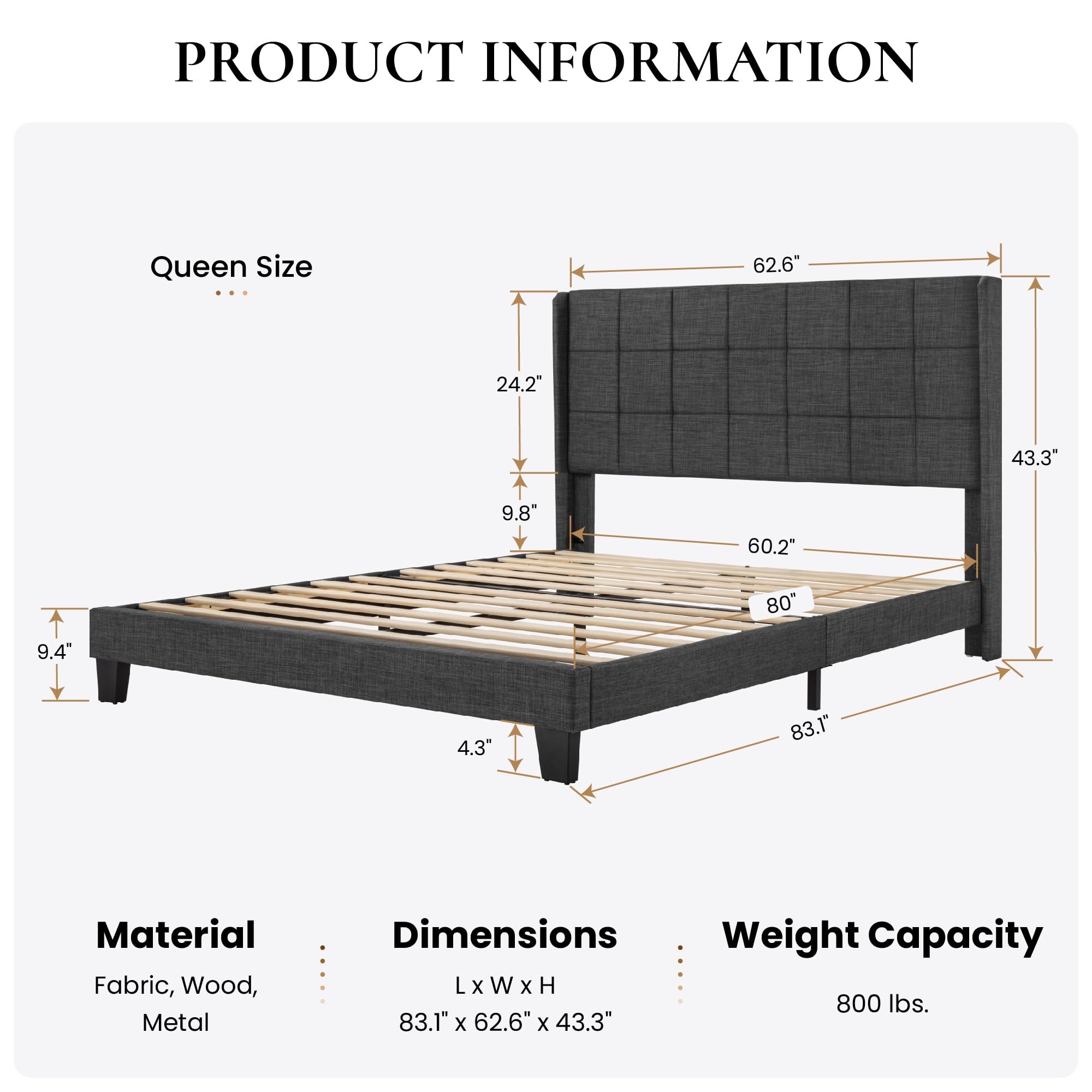 Queen Upholstered Bed Frame with Square Tufted Headboard and 5.5" Wingback