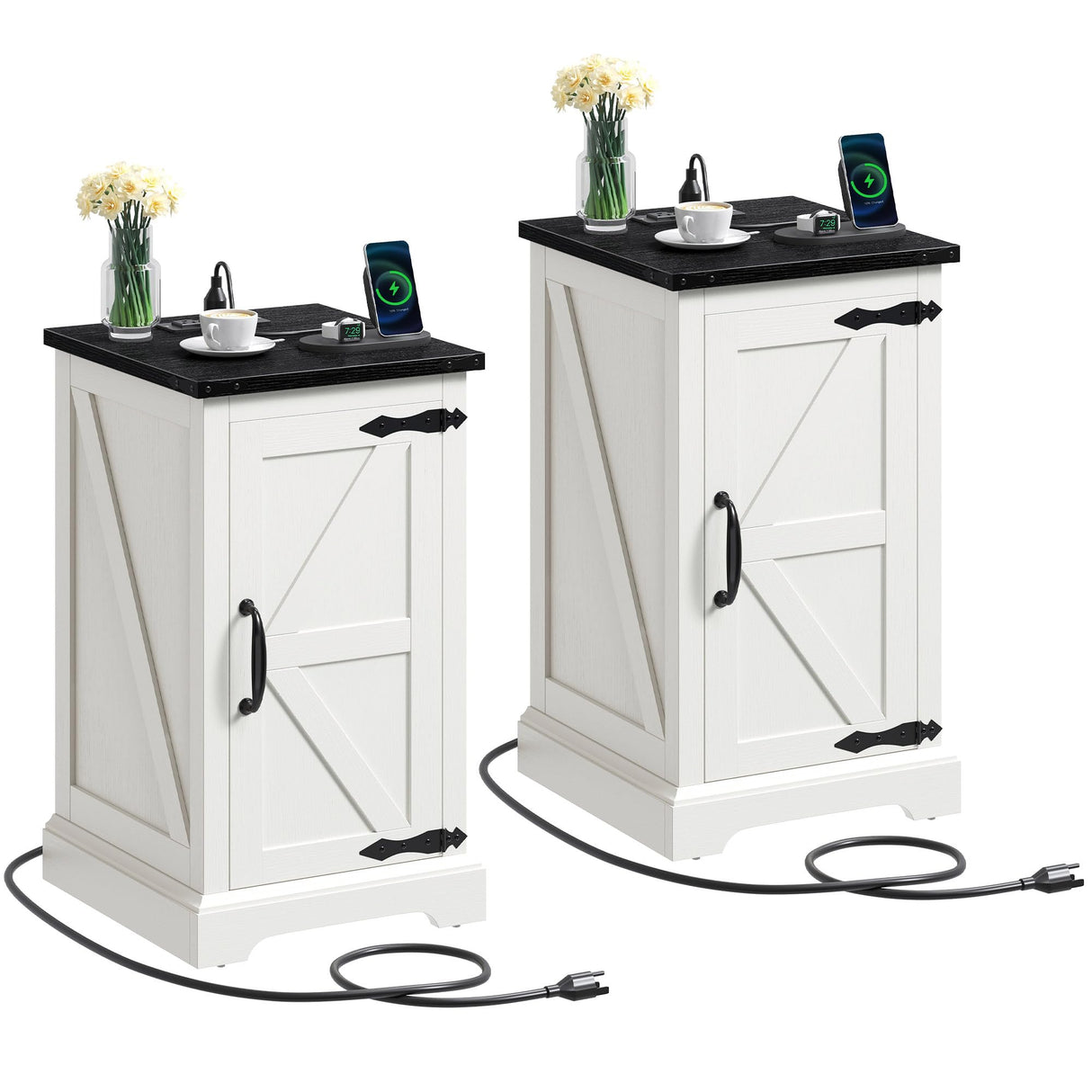 Farmhouse End Table Living Room, Side Table with Charging Station & Adjustable Storage