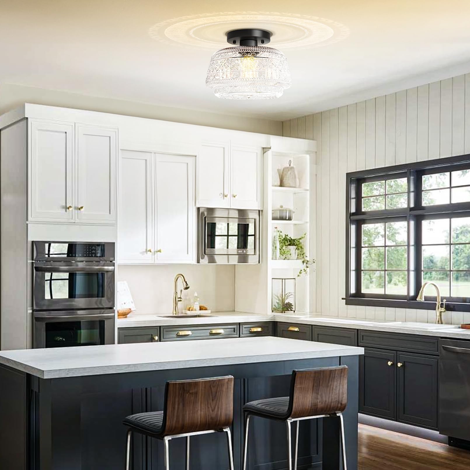 Semi Flush Mount Ceiling Light, Globe Glass Ceiling Light Fixture, Black Close to Ceiling