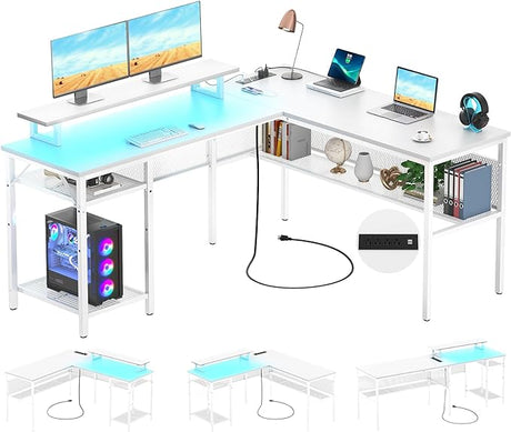 Reversible L Shaped Desk with Power Outlets and Smart LED Light, 55 Inch Computer Office Desk