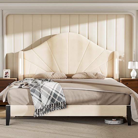 Full Bed Frame with LED Lights - Velvet Blue Upholstered Platform Bed