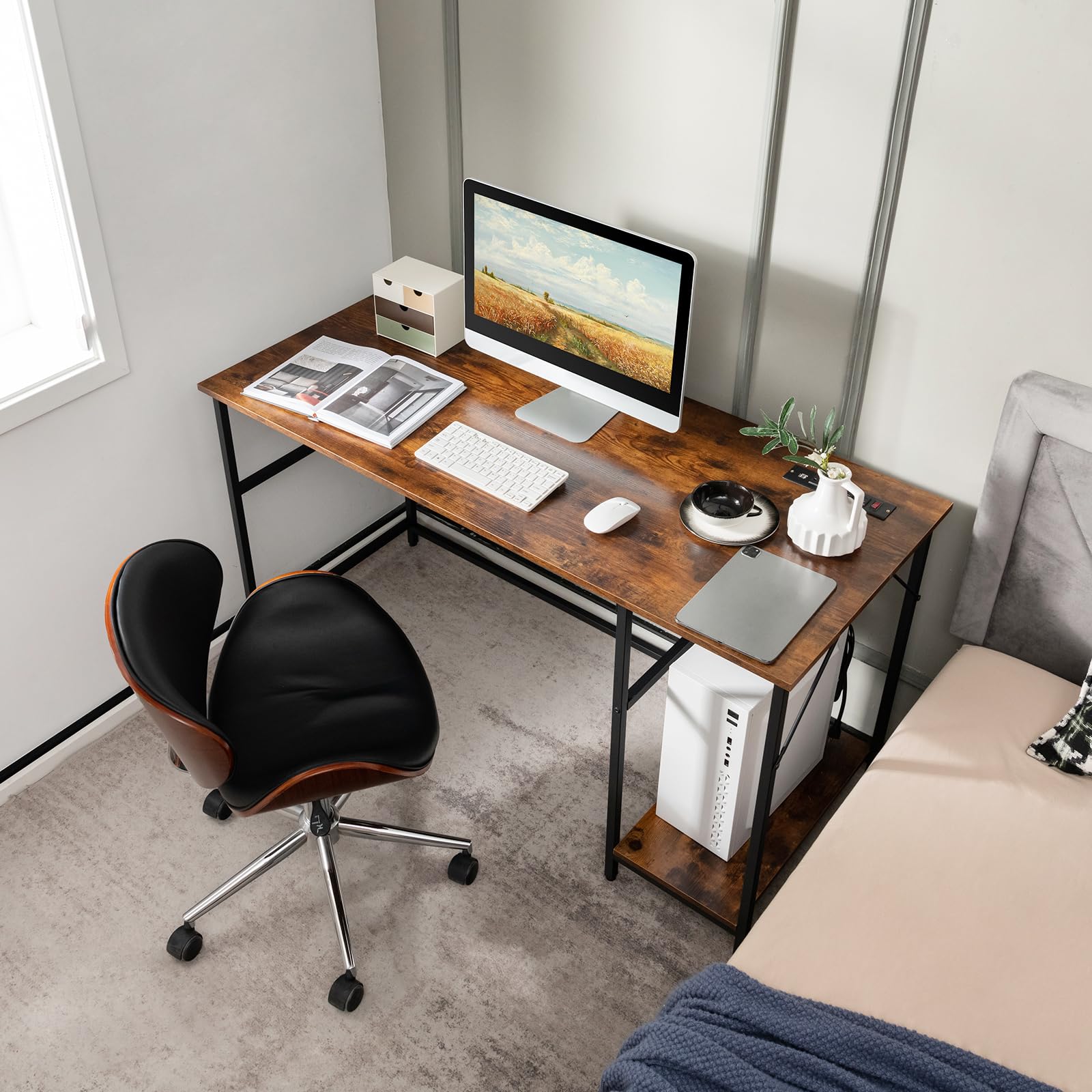 55 Inch Computer Desk with 4 Power Outlets & 2 USB Ports, Home Office Desk