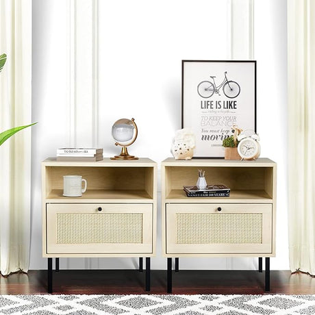 Rattan Nightstand Set of 2, Wooden End Table, Modern Side Table with 2 Storage Drawer,