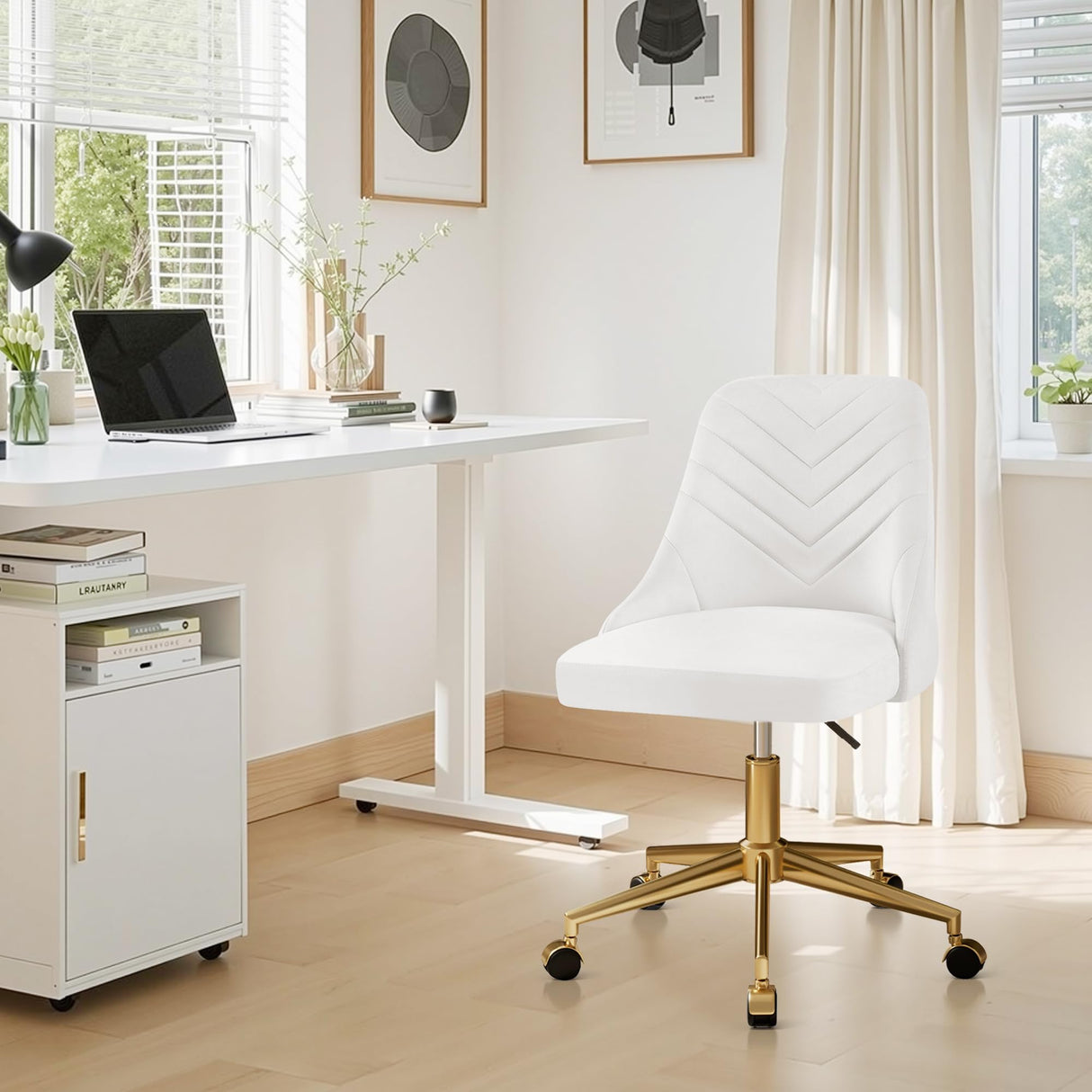 Velvet Vanity Desk Chair - Height Adjustable Swivel Office Chair with Gold Base