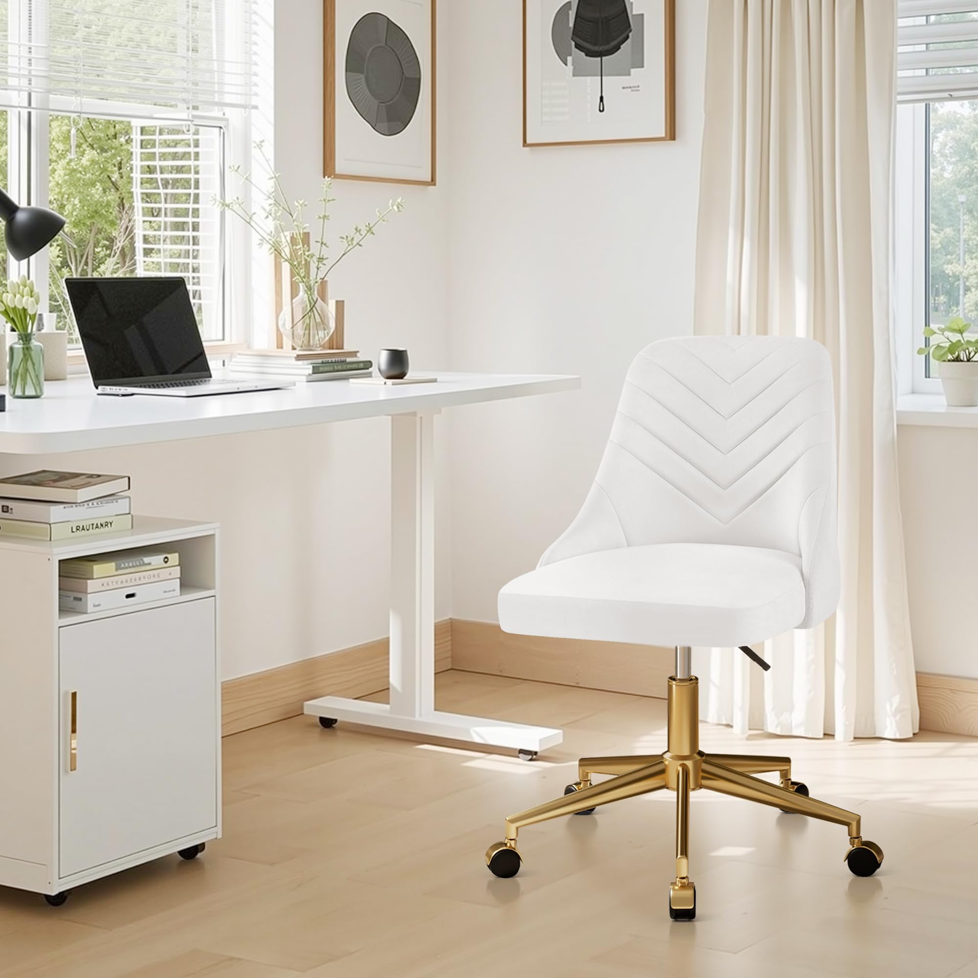 Velvet Vanity Desk Chair - Height Adjustable Swivel Office Chair with Gold Base