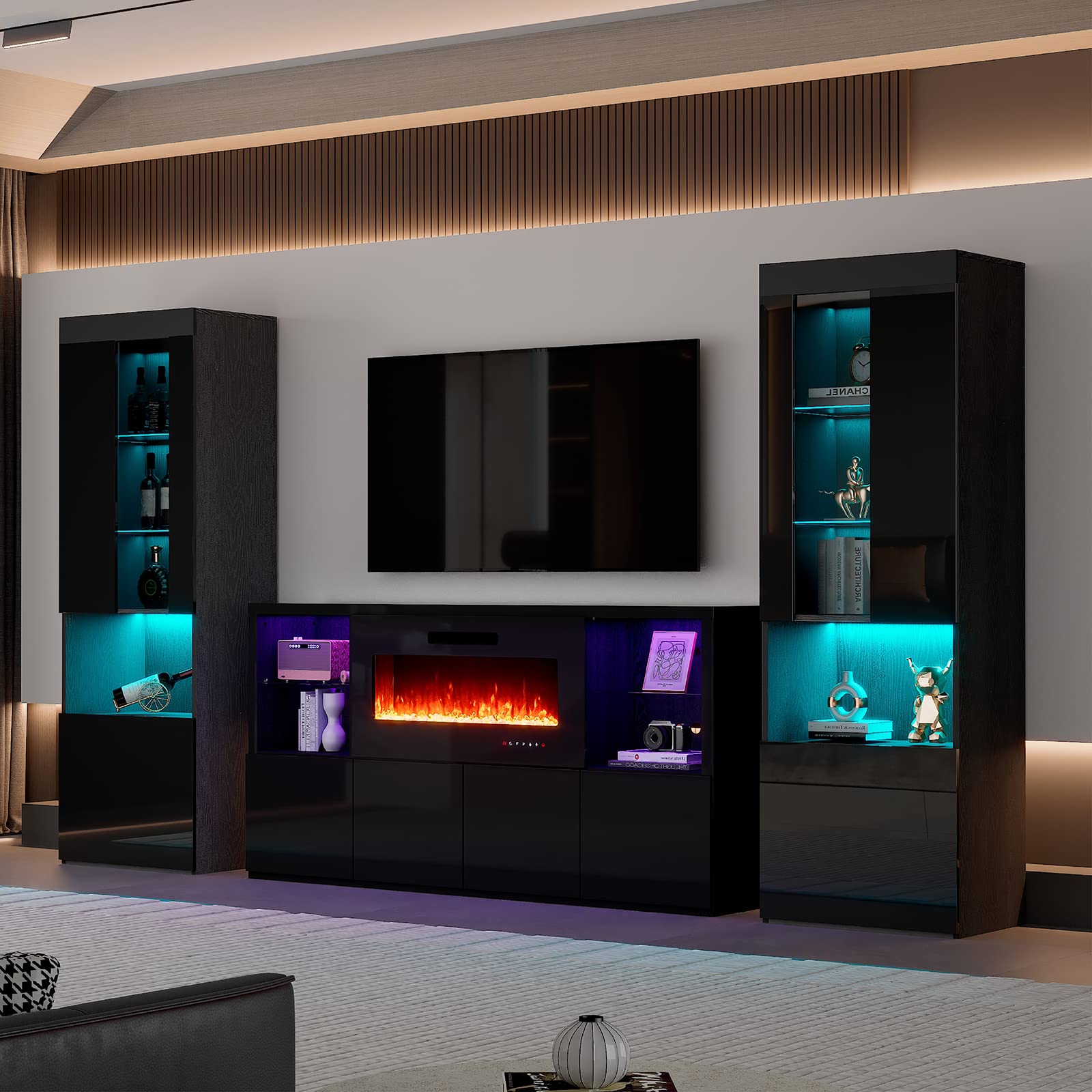 3 Piece Modern High Gloss Fireplace TV Stand + Bookcase Set
