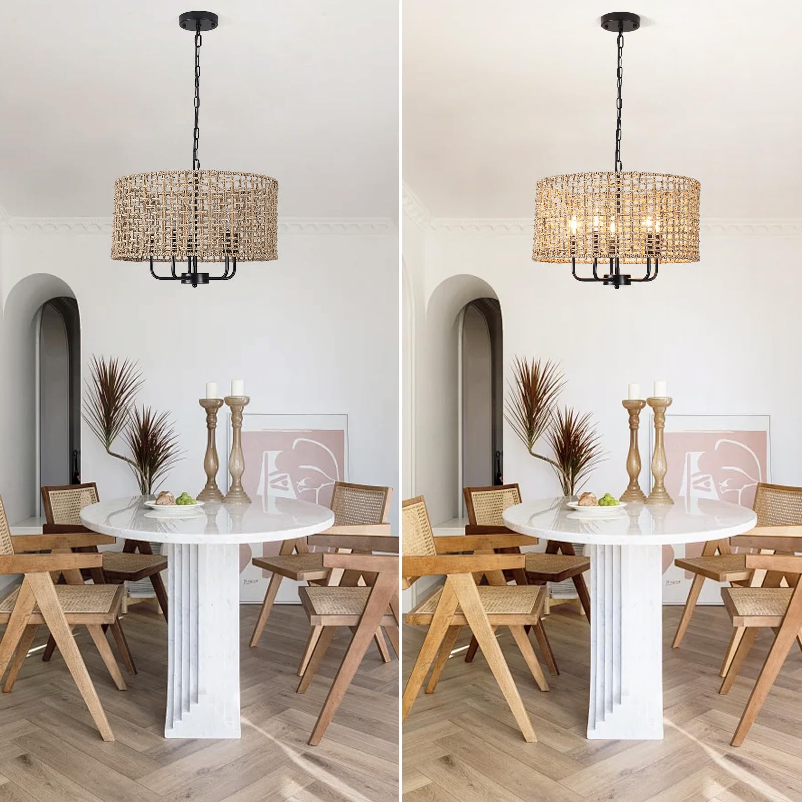Rattan Chandelier for Dining Room 5-Light Boho Chandeliers Light Fixture Brown and Black