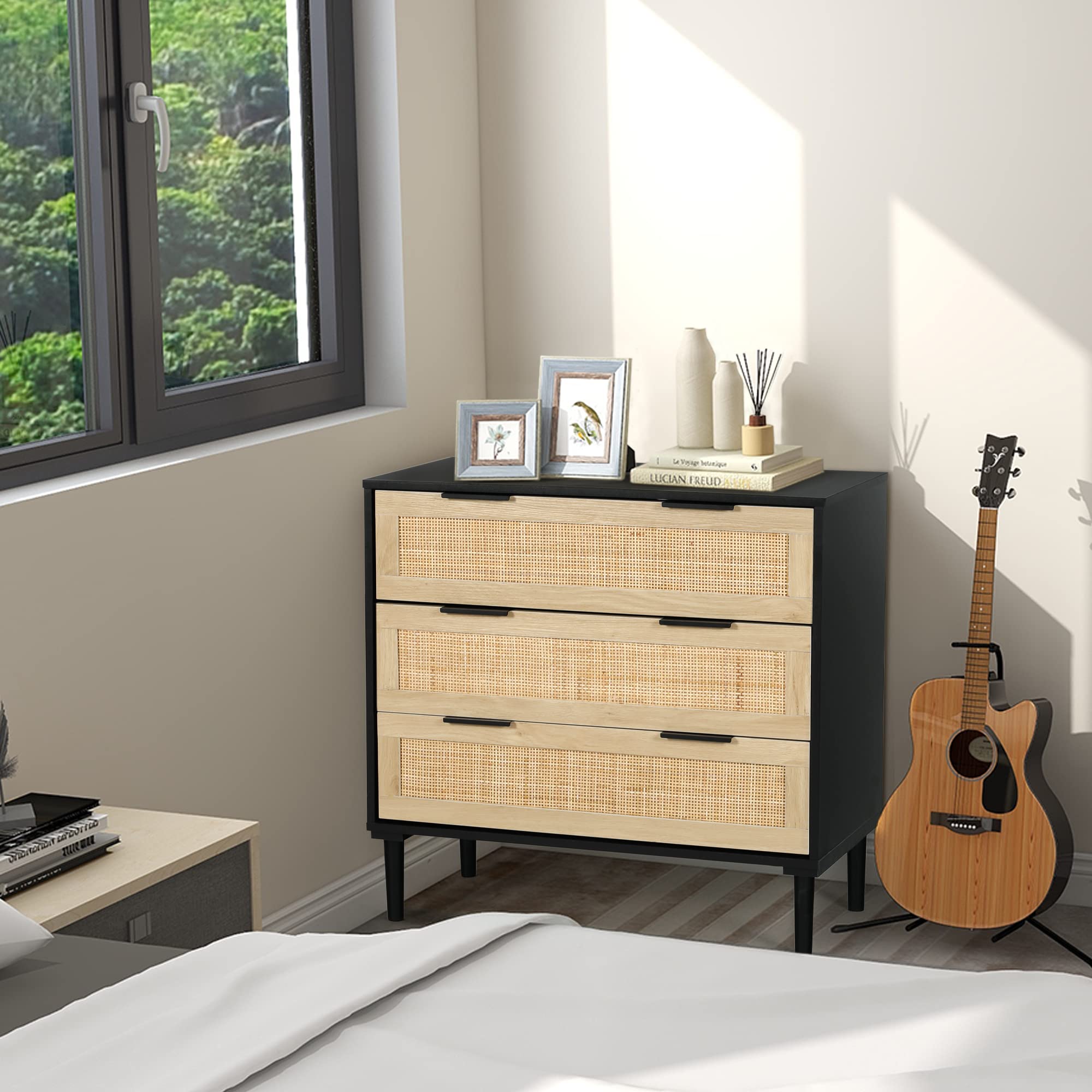 Rattan 3 Drawer Wood Dresser Boho Large Storage Cabinet Nightstand