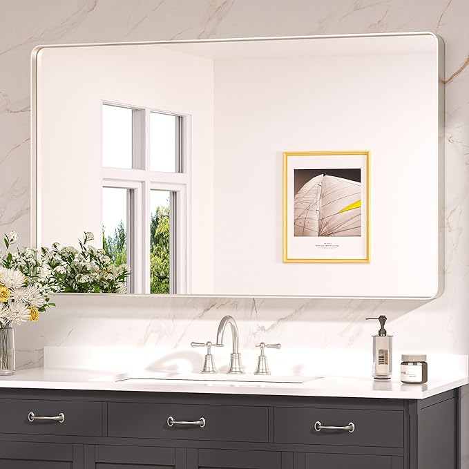 Brushed Gold Bathroom Mirror 48 x 30 Inch Large Rounded Rectangle Vanity Mirror