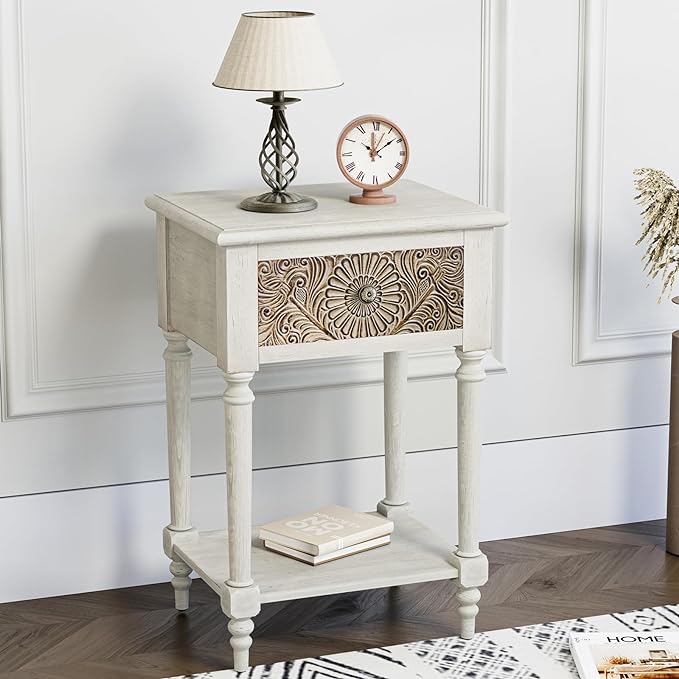 End Table with 2 Drawers Sets of 2, 2 Tier Bedside Table Sets, Wood Grain Nightstand