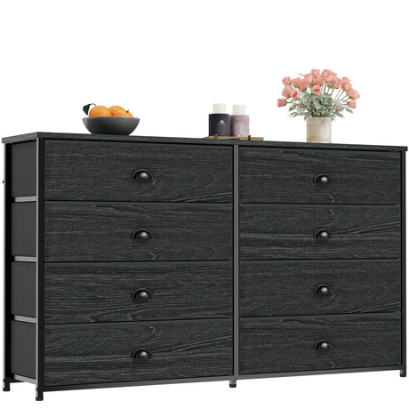 Furnulem Wide Dresser with 8 Fabric Drawers, TV Entertainment Center with Storage for 55'' TV, Large Chest of Drawers for Bedroom, Living Room, Dorm, Closet, Entryway, Wood Top (Black Oak)