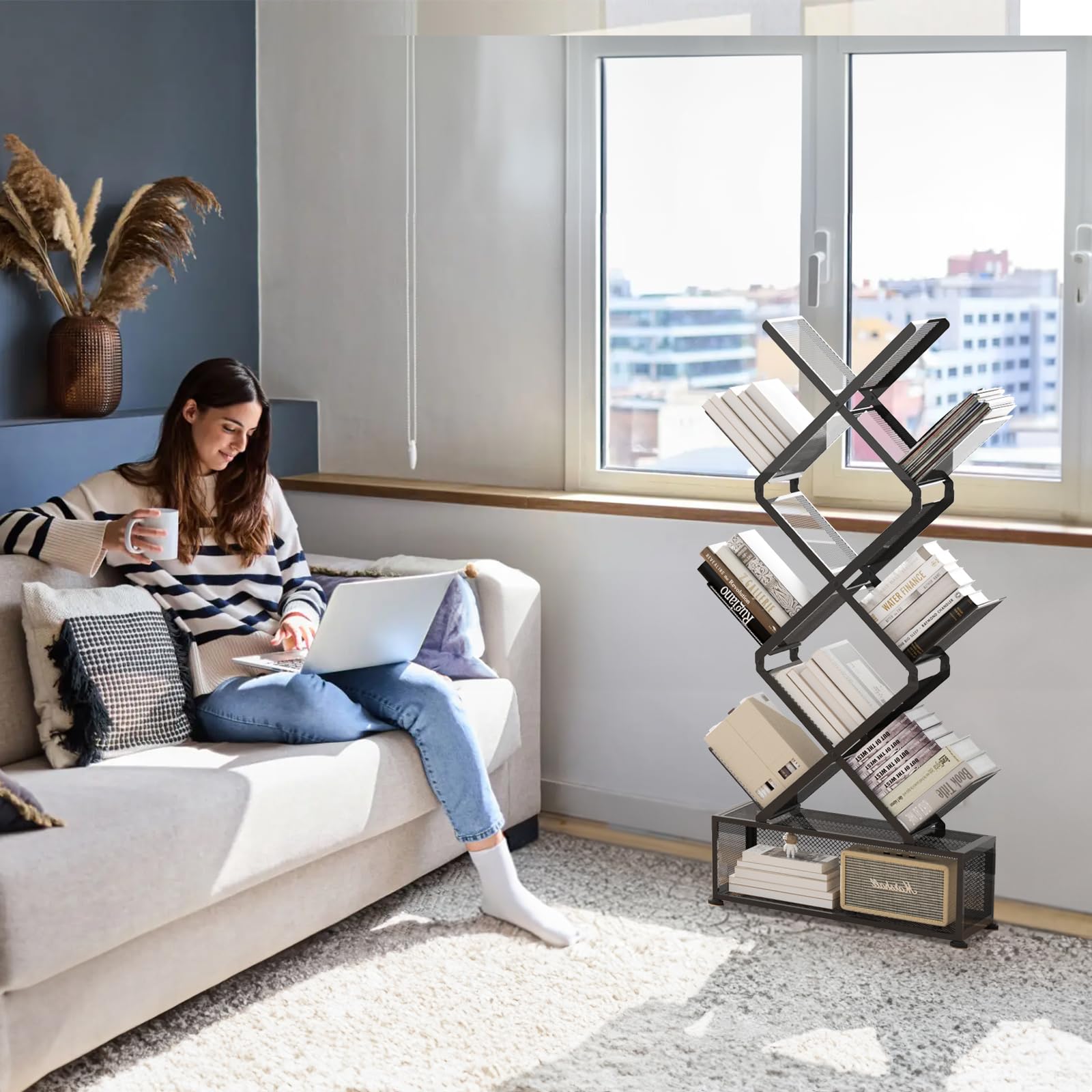 Gintan 9-Tier Corner Bookshelf with Storage,Bedroom Shelves Folding Bookshelves,No Installation Required Shelf Tree Bookcase for Living Room,Study,Home Office,Bed Room (Black)