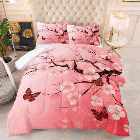 Pink Floral Butterfly Comforter Bedding Set King Size Japanese Cherry Blossom Bed Sets