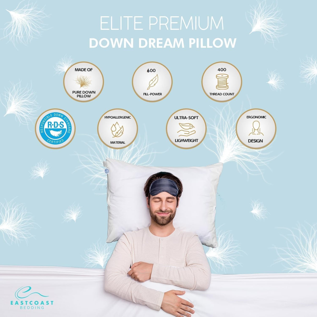 Elite Premium Down Sleeping Pillow 600 Fill Power White Down Available in Soft, Medium & Firm 400 Thread Count Cotton Shell Premium Comfort - Made in The U.S.A