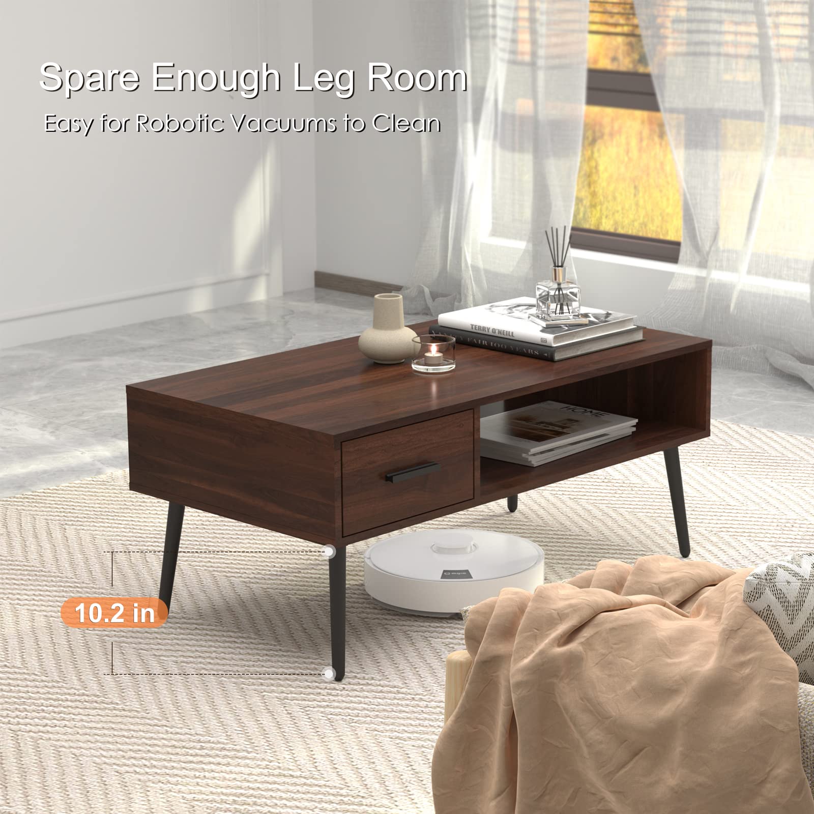 Coffee Table, Mid Century Modern Center Table for Living Room with Storage
