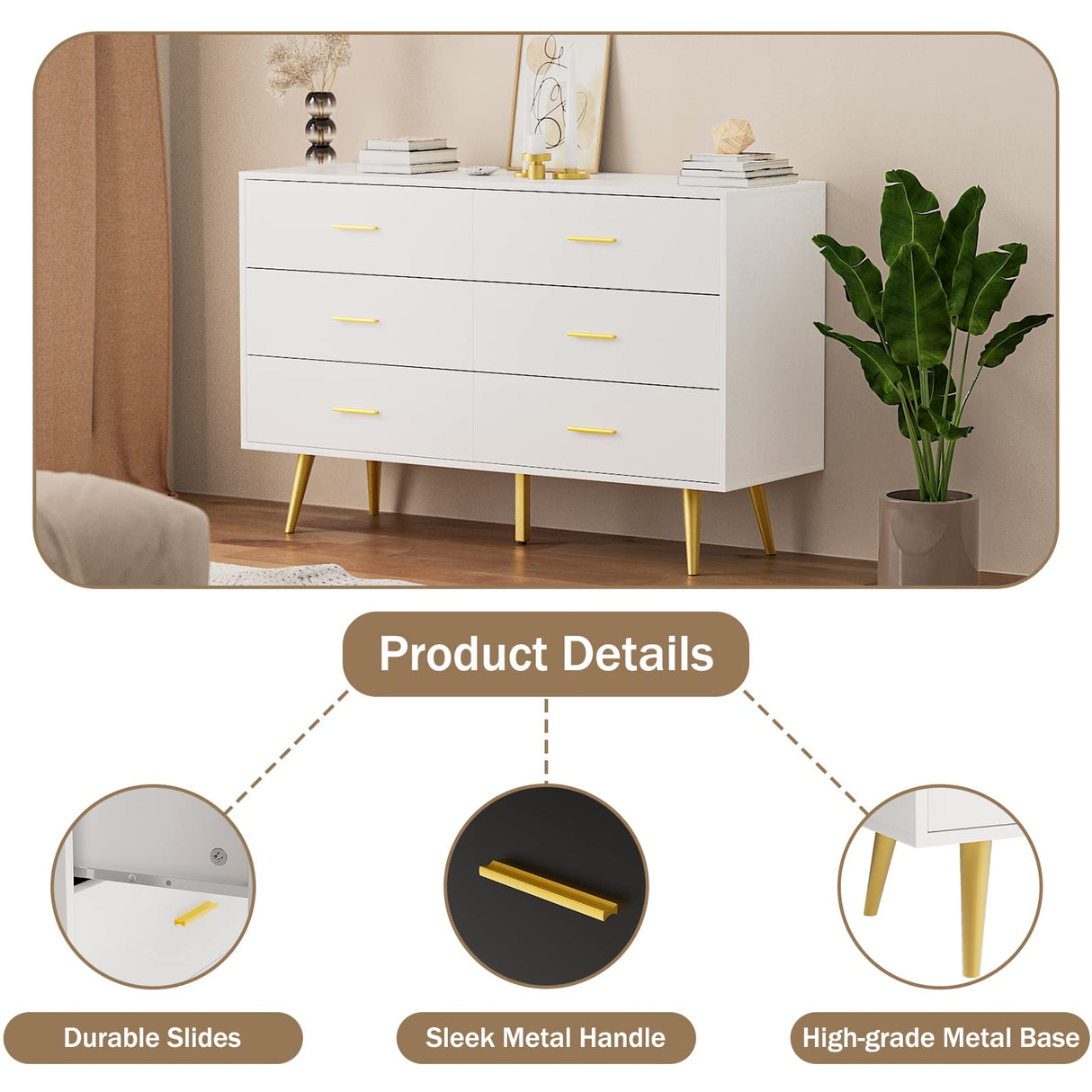 White 6 Drawer Dresser for Bedroom, Wooden White Double Dresser with Gold Handles