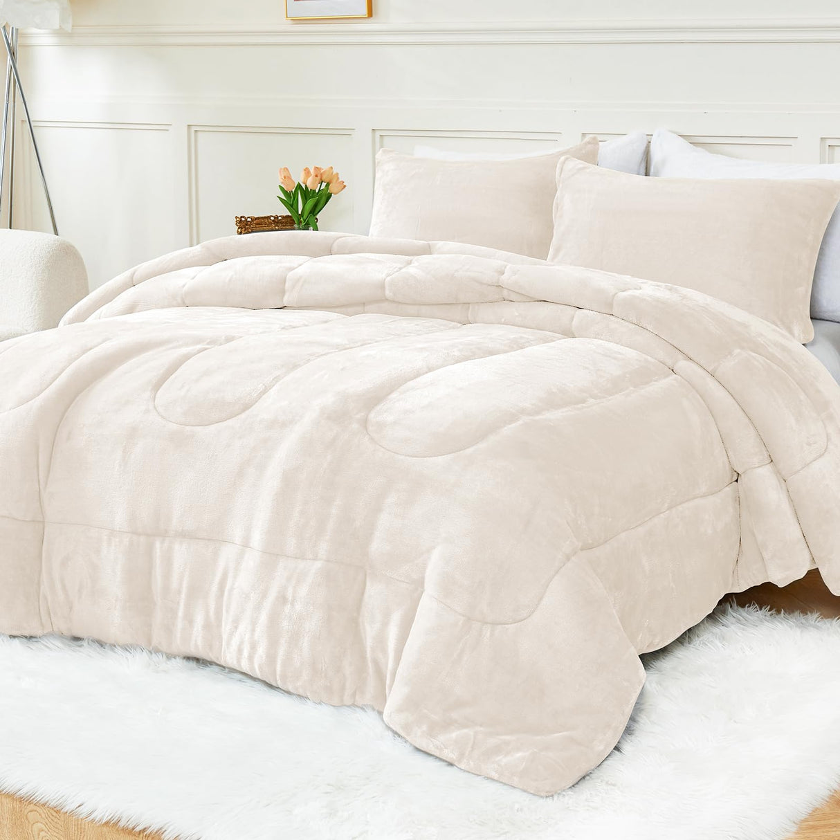 Faux Fur Comforter Set Queen Size, Luxury Ultra Soft Fuzzy Comforter, Fluffy Plush Velvet Bedding Comforter Sets