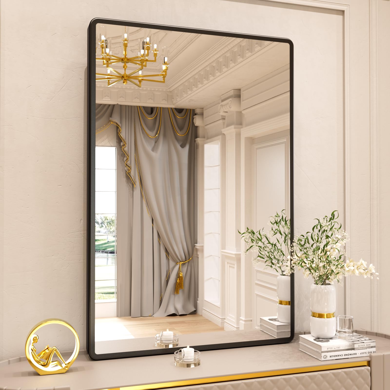 Wall Mounted Bathroom Mirror, Black Metal Frame Rounded