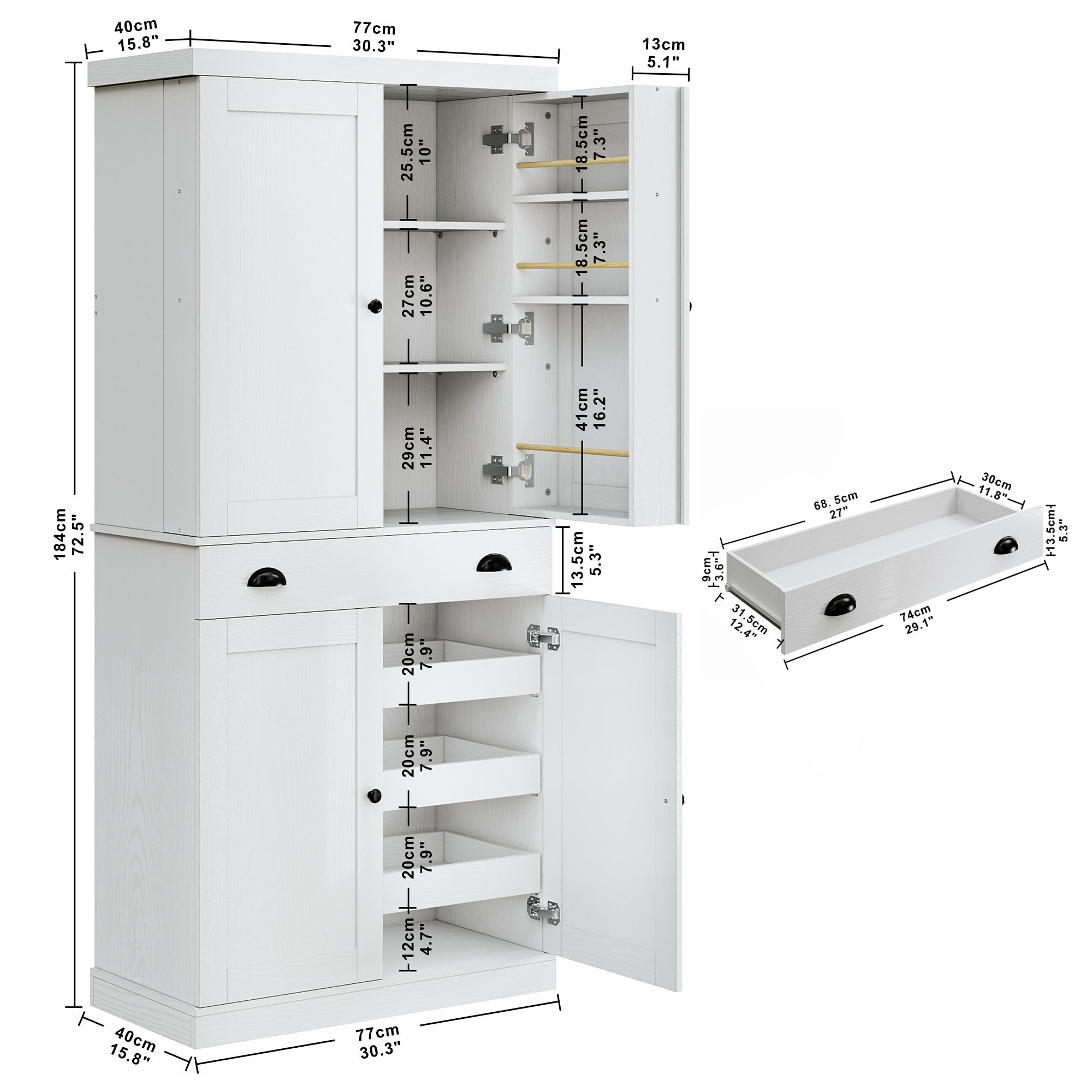 Kitchen Pantry Cabinet 72" Height, Freestanding Cupboard with Drawer