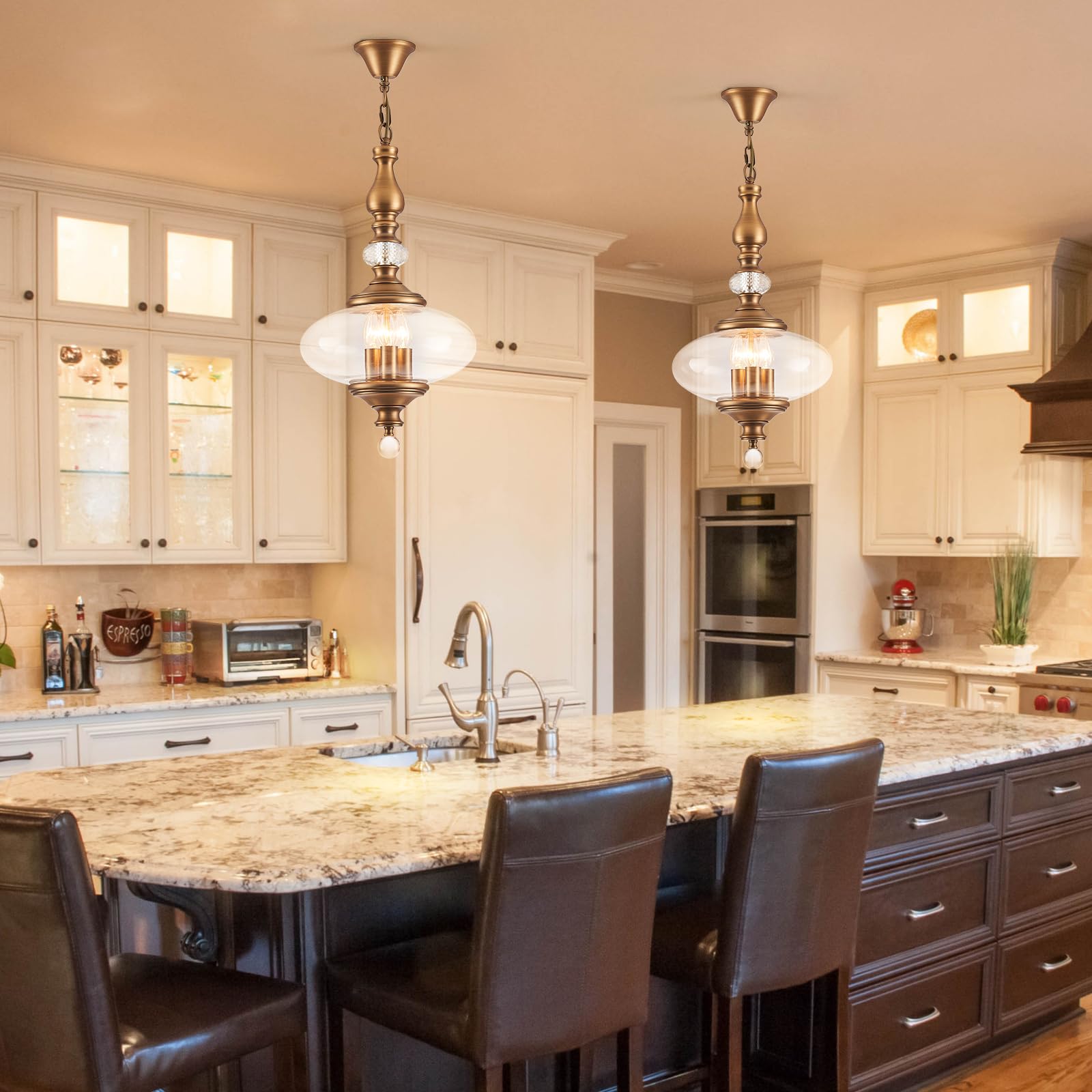 Vintage Pendant Light Kitchen Island Dining Room Pendant Light Brass 3-Light Vintage