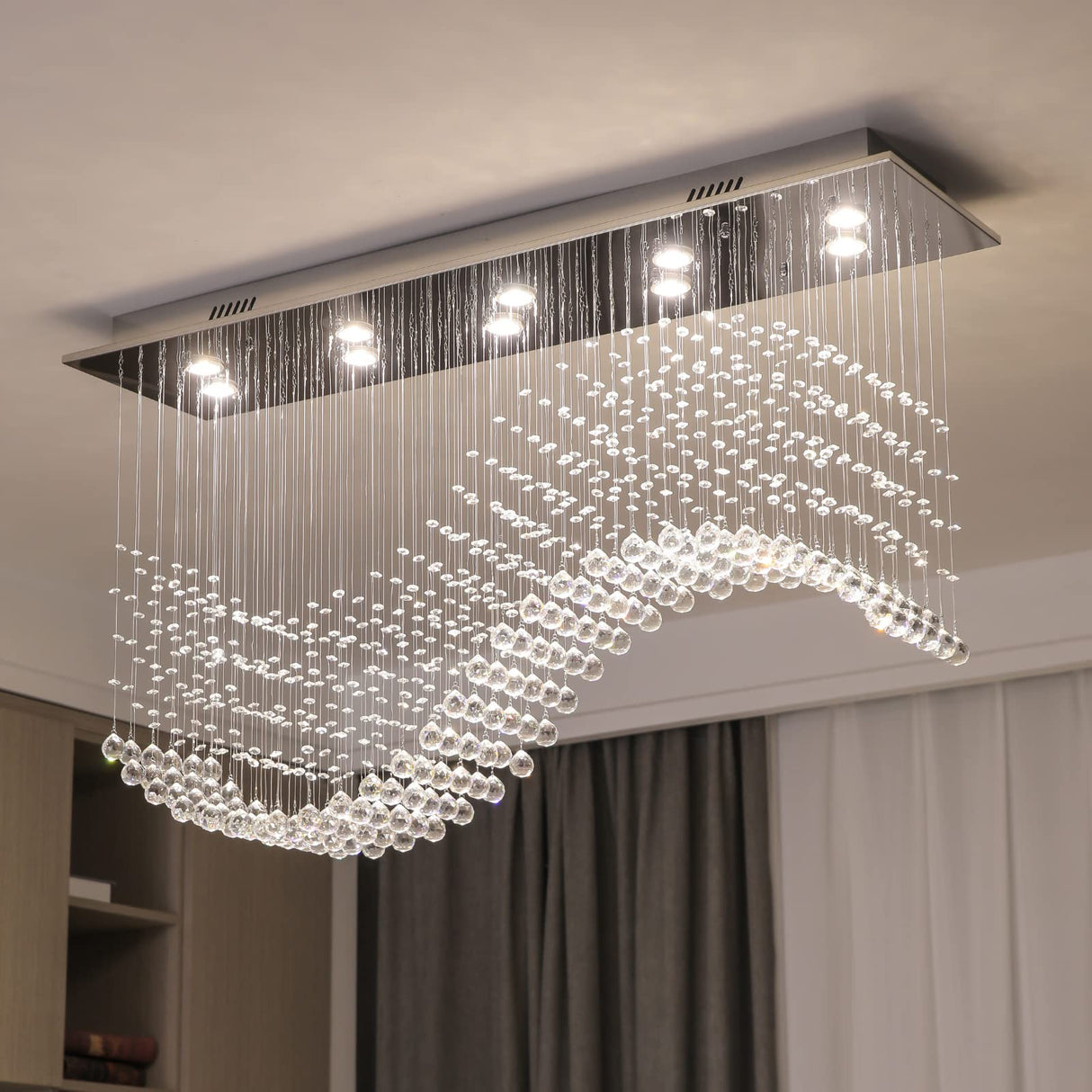 10-Lights Modern Crystal Chandeliers, Luxury Wave Raindrop Crystal Pedant Light Fixture,