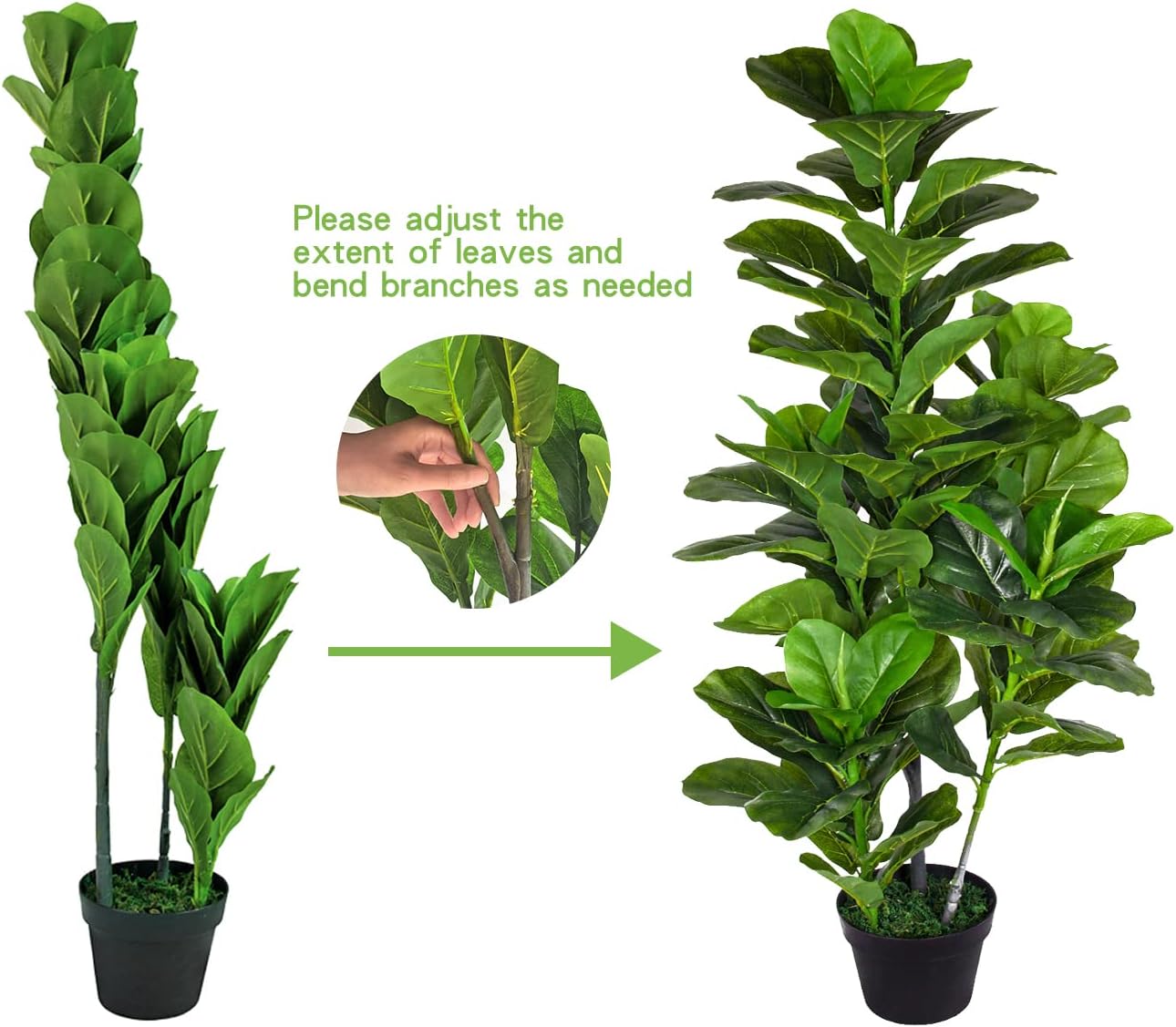 Artificial Fiddle Leaf Fig Tree 4ft Set of 2 - Faux Ficus Plants Indoor Home Decor in Pot