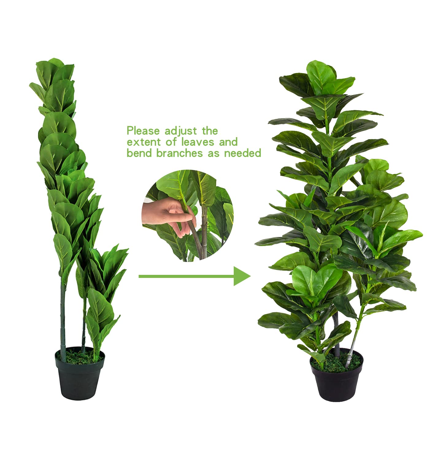 Artificial Fiddle Leaf Fig Tree 4ft Set of 2 - Faux Ficus Plants Indoor Home Decor in Pot