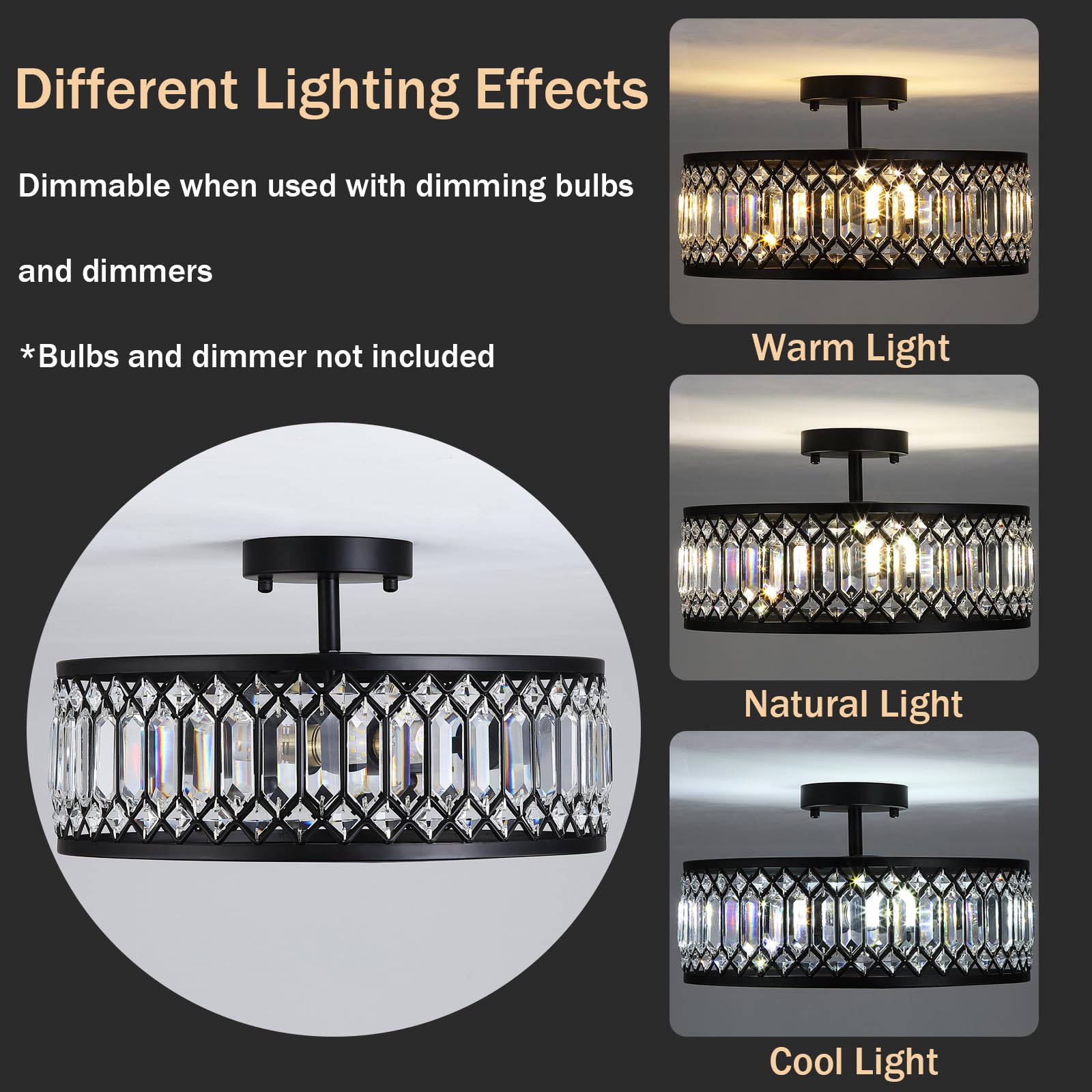 16" Black Crystal Ceiling Light - 3-Light Semi Flush Mount Chandelier