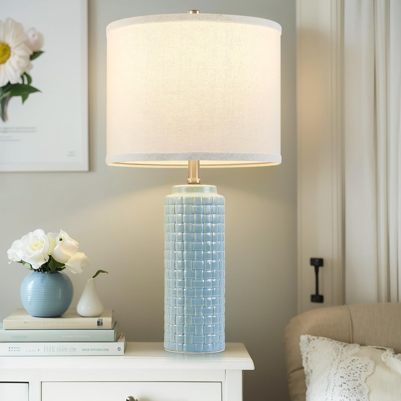 24.8" Modern Ceramic Bedside Lamp Set of 2, 3 Color Temperature&Bulbs Included -