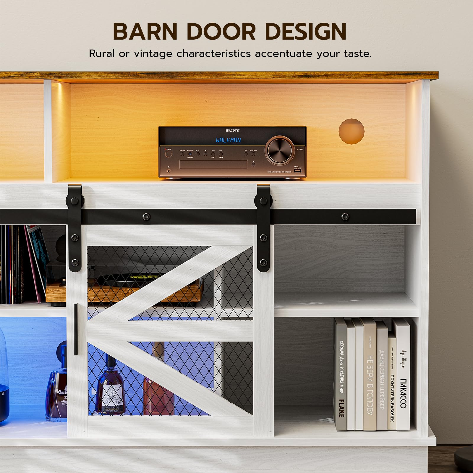 Farmhouse Barn Door TV Stand for 65+ Inch TV, Industrial Entertainment Center