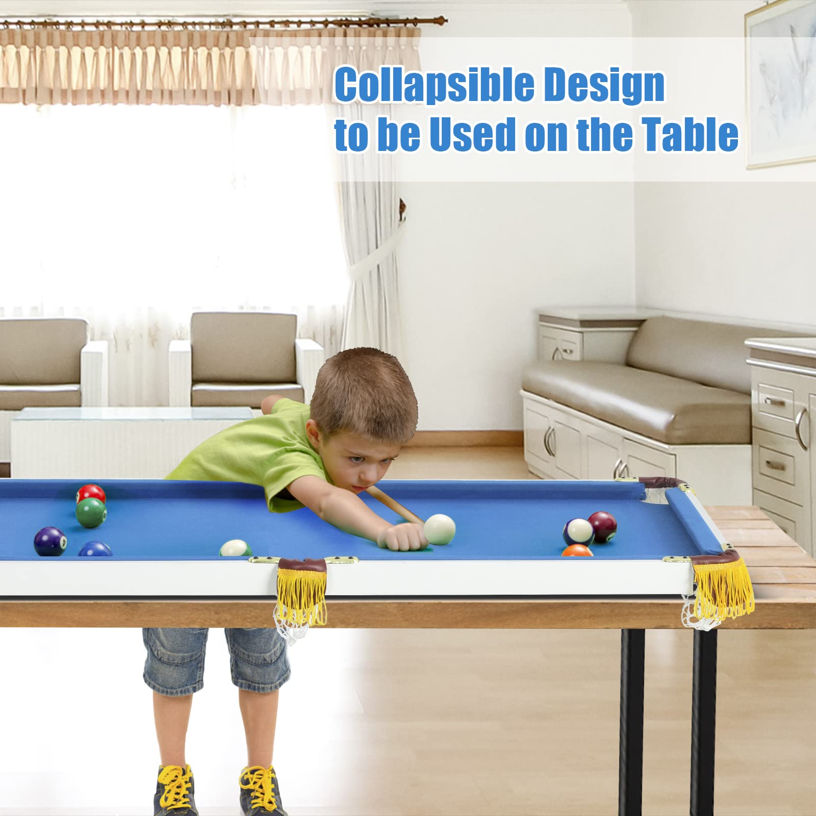 Folding Pool Table, Mini Pool Game Table with 2 Cue Sticks, 16 Balls, Triangle