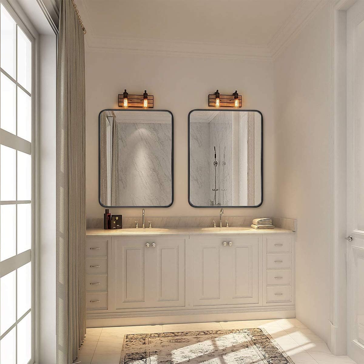 Black Bathroom Mirror for Wall, 1.3” Metal Frame Rectangle Mirror