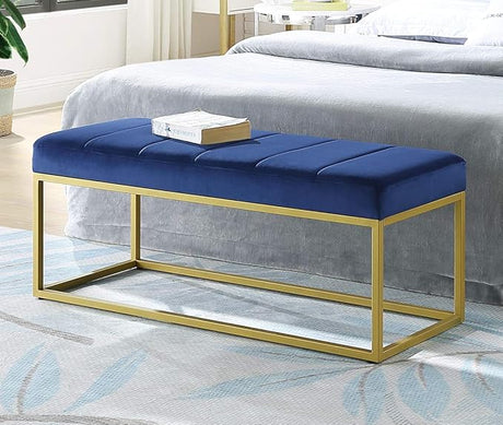 Emerald Velvet Upholstered End of Bed Bench with Metal Frame, Modern Tufted Channel