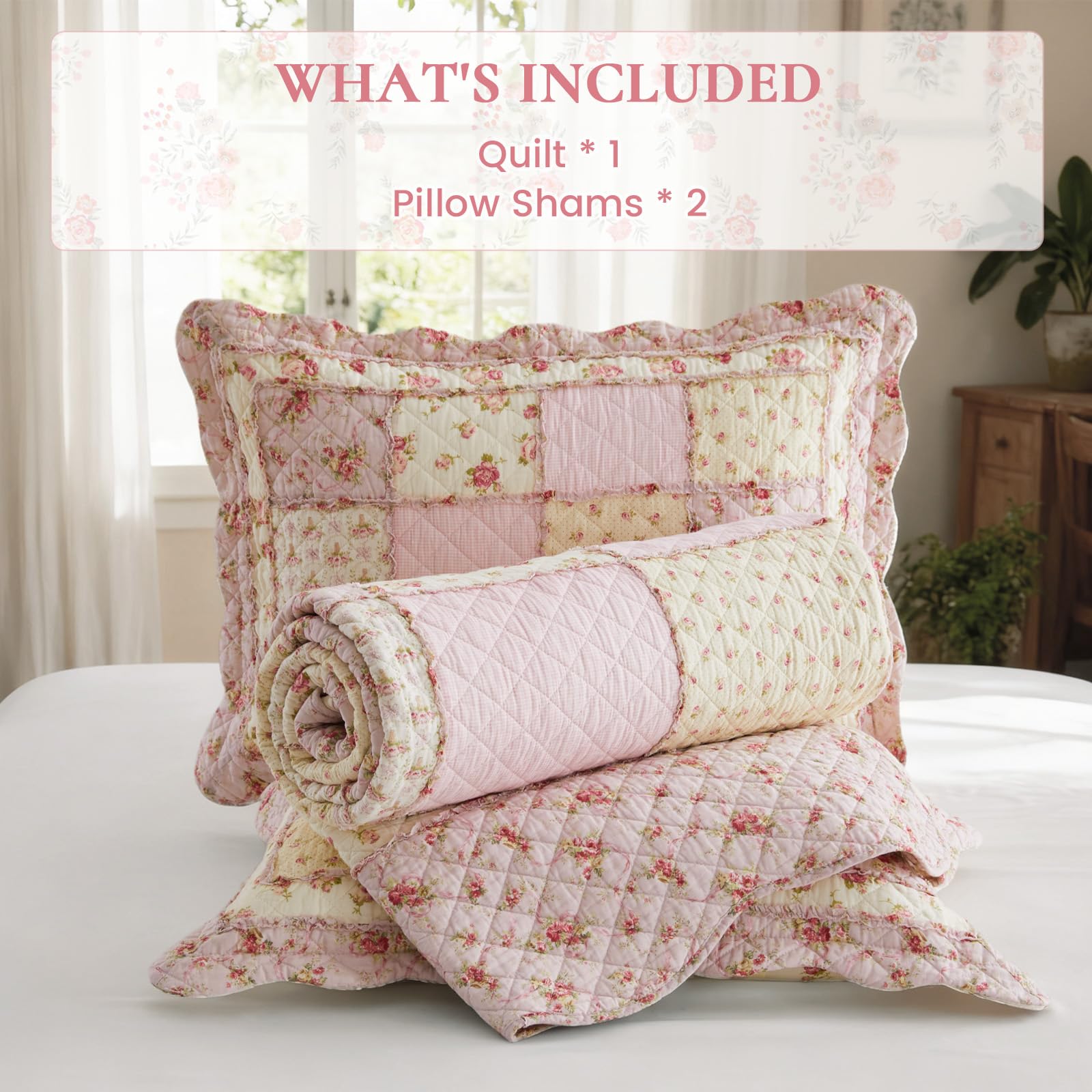 Queen Size Quilt Set 3-Piece Cotton Patchwork Floral Bedding