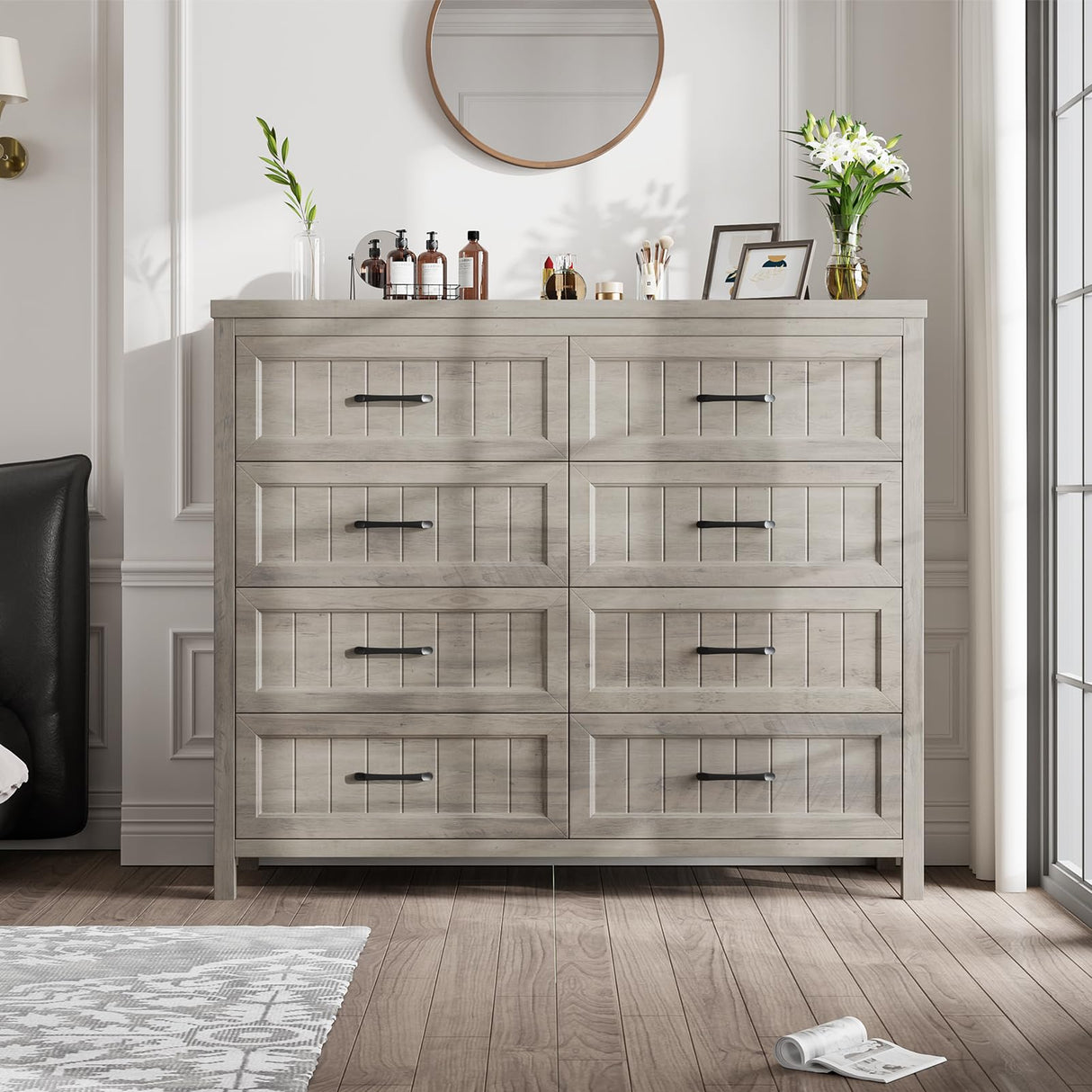 Farmhouse Dresser 8 Drawer Dresser for Bedroom, Large Wooden Dressers Double Grey Dresser with Deep Drawers Dressers for Living Room, Hallway, Entryway (Gray)