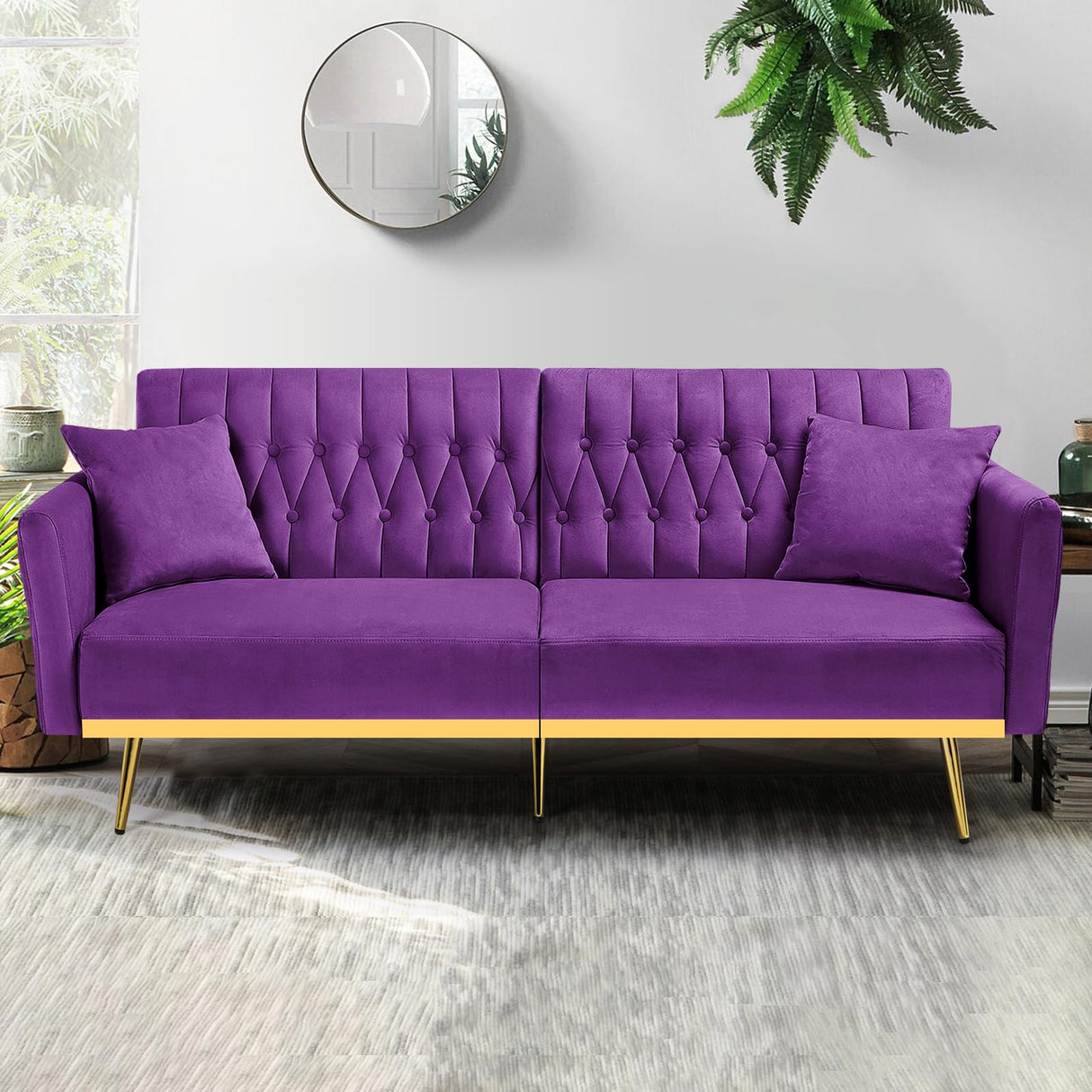 70” Velvet Futon Sofa Bed with 2 Pillows and Adjustable Armrests, Convertible Sleeper Bed