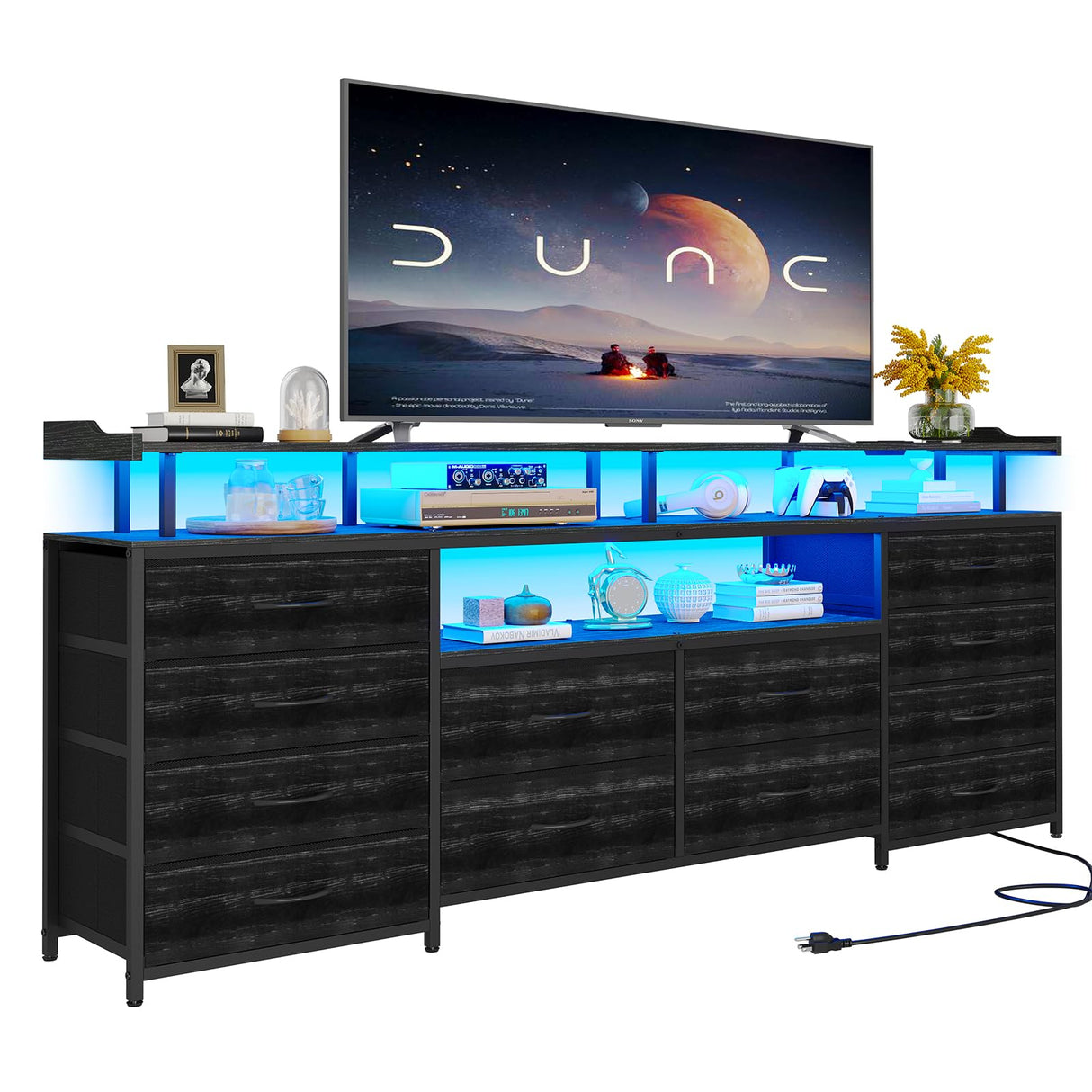 Stand Dresser for 65 Inch TV, 63" W Dresser with LED Lights & Power Outlets, Black Long