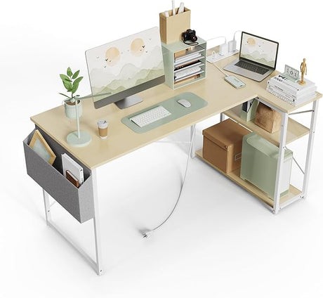 Small Computer Desk with Power Outlets, 40 Inch L Shaped Desk with Reversible Shelves