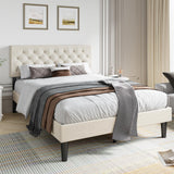 Upholstered Bed Frame Queen, Linen Platform Bed with Button Tufted Headboard