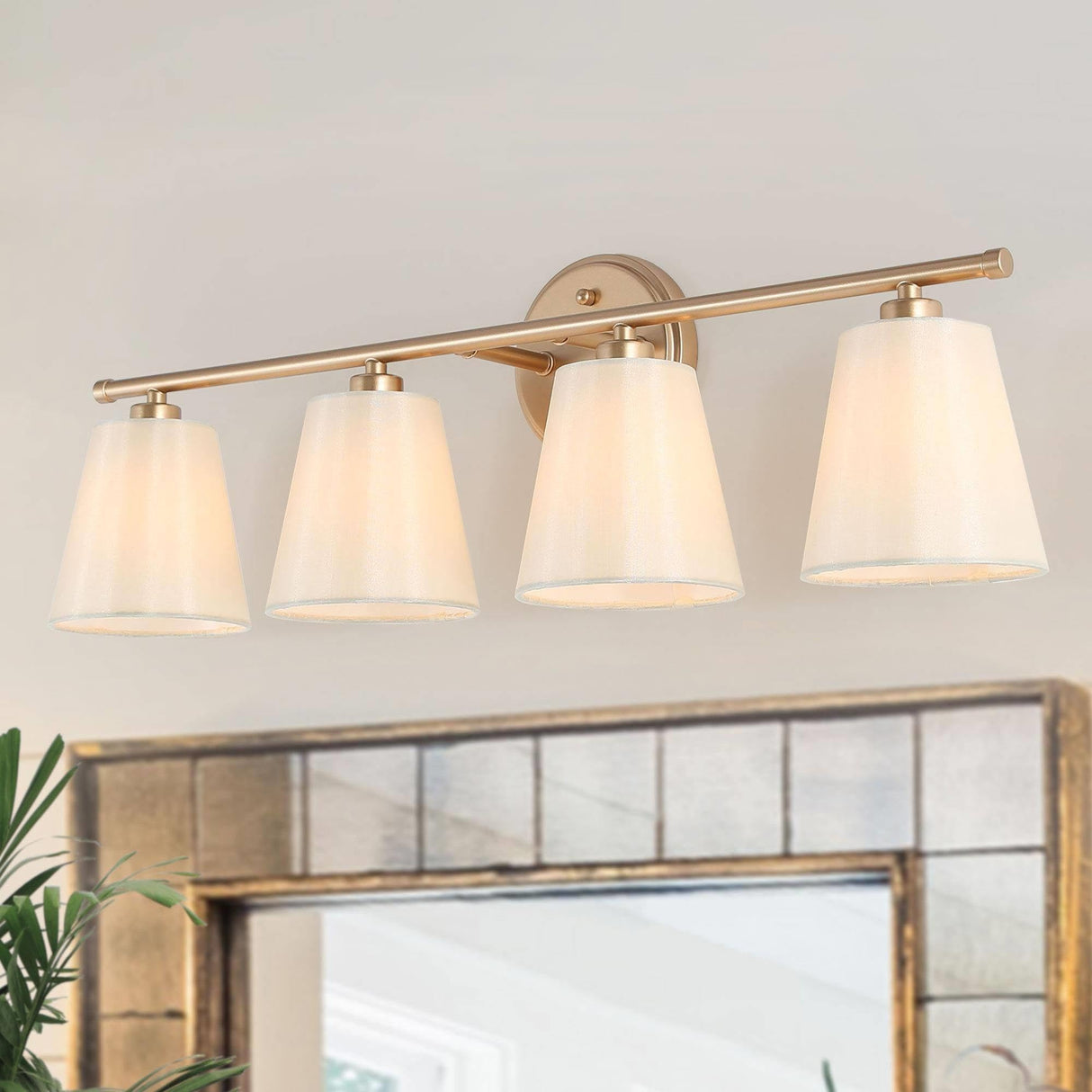 Gold Bathroom Light Fixtures, 4 Light Modern Vanity Lights with White Fabric Shades