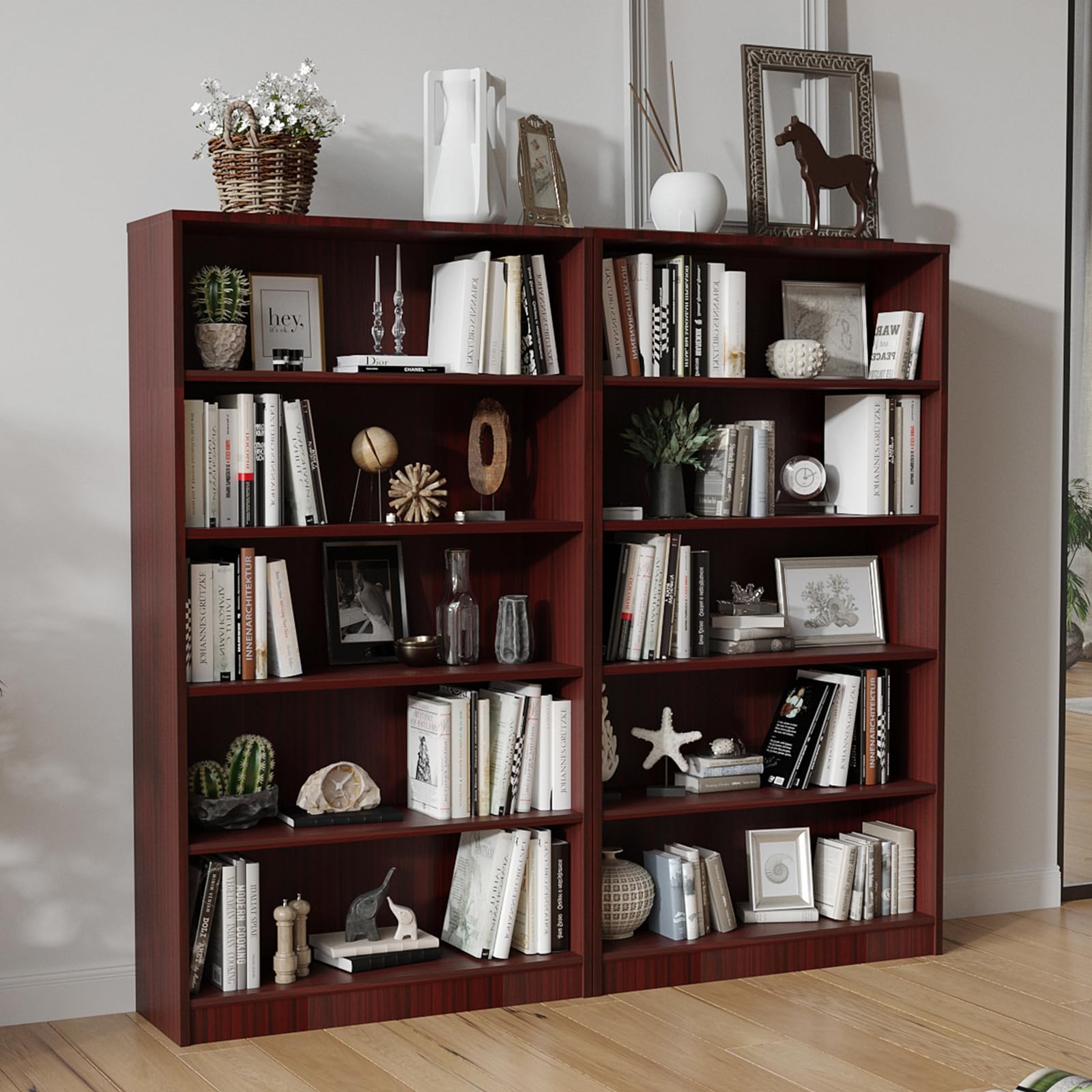 Farini 5 Shelf boockase Display Bookcase Freestanding Wooden Bookshelves for Home Office Living Room,60 Inch Height,Mahogany