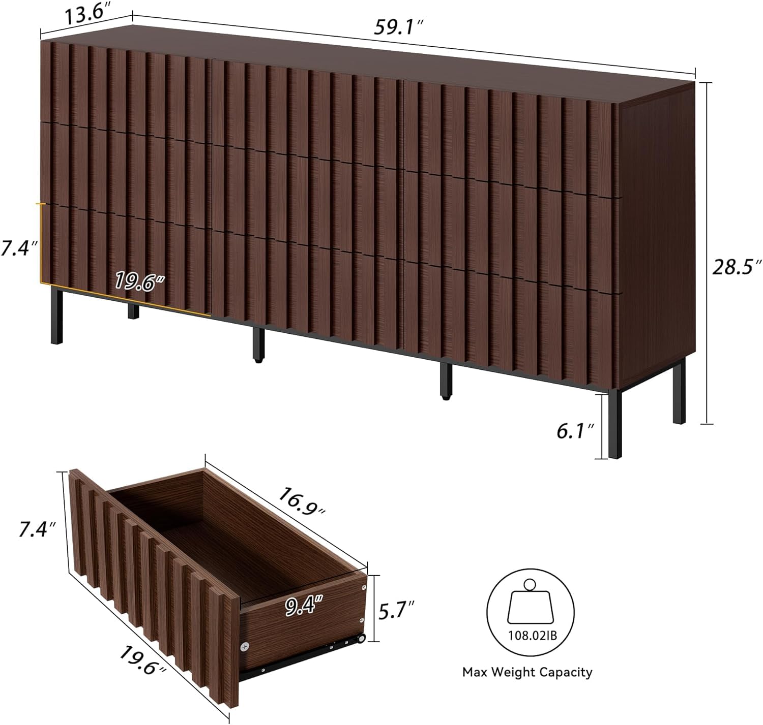 Mid Century Modern Dresser,Dark Wood Dresser for Bedroom