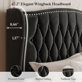 Queen Bed Frame with Upholstered Velvet Headboard - Black