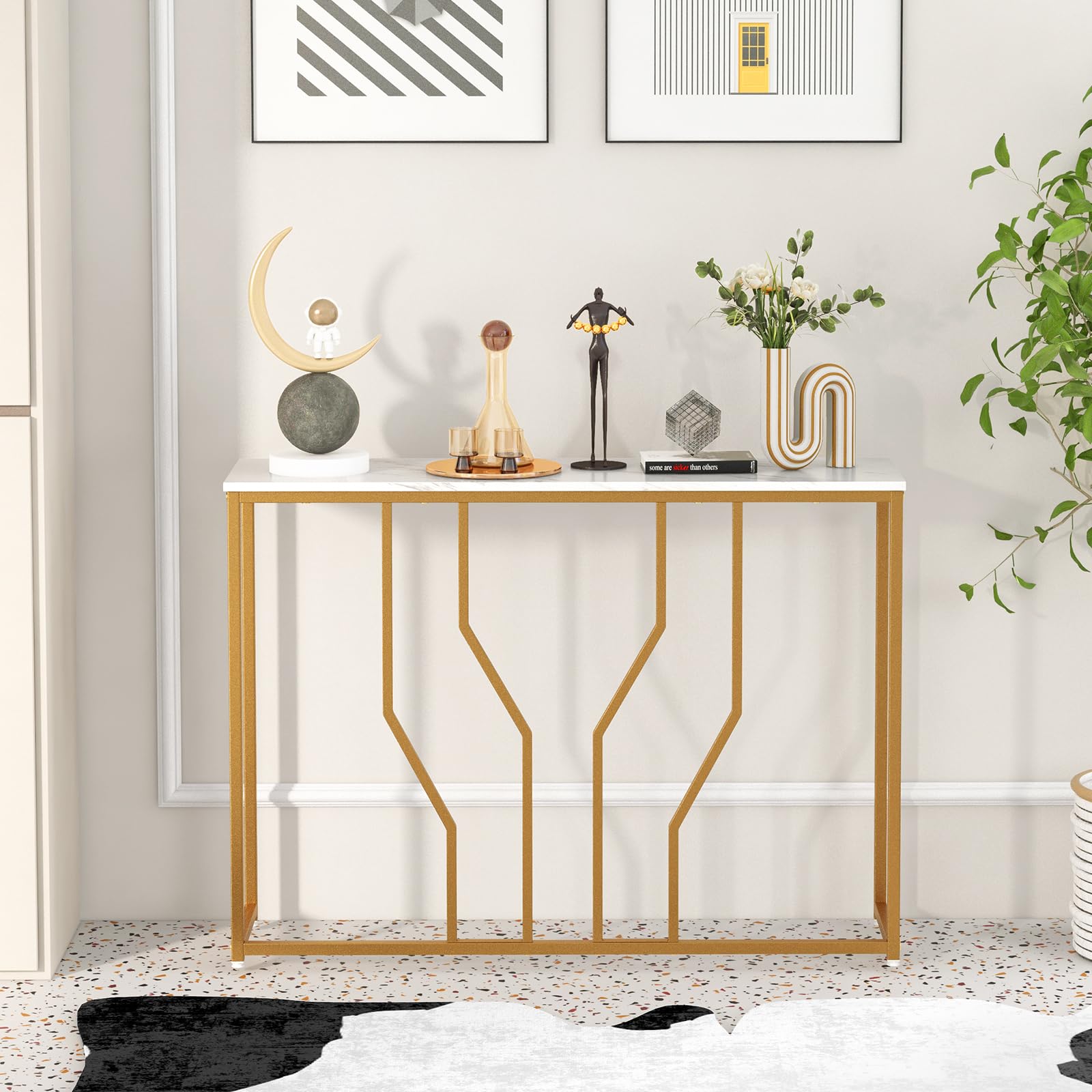 Gold Console Table, 44” Modern Narrow Entryway Table with Faux Marble Tabletop