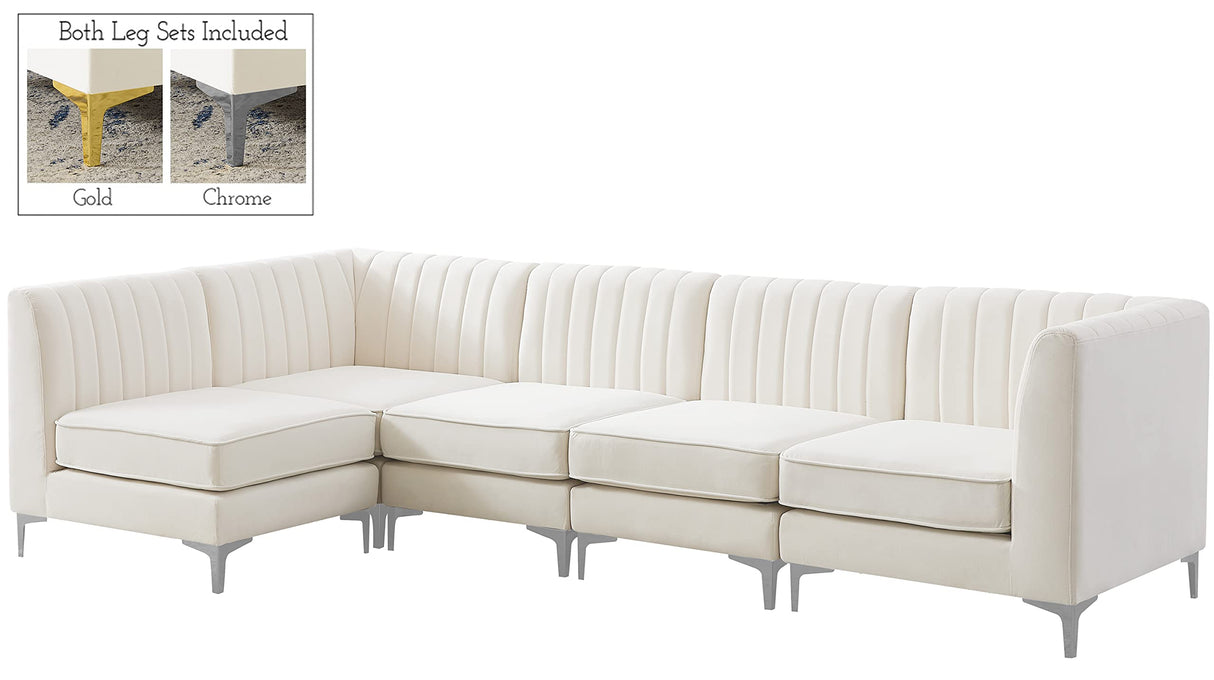 Furniture 604Cream-Sec5B Alina Collection Modern | Contemporary Velvet Upholstered Modular Sectional with Deep Channel Tufting, 116.5" W x 58.5" D x 31" H, Cream