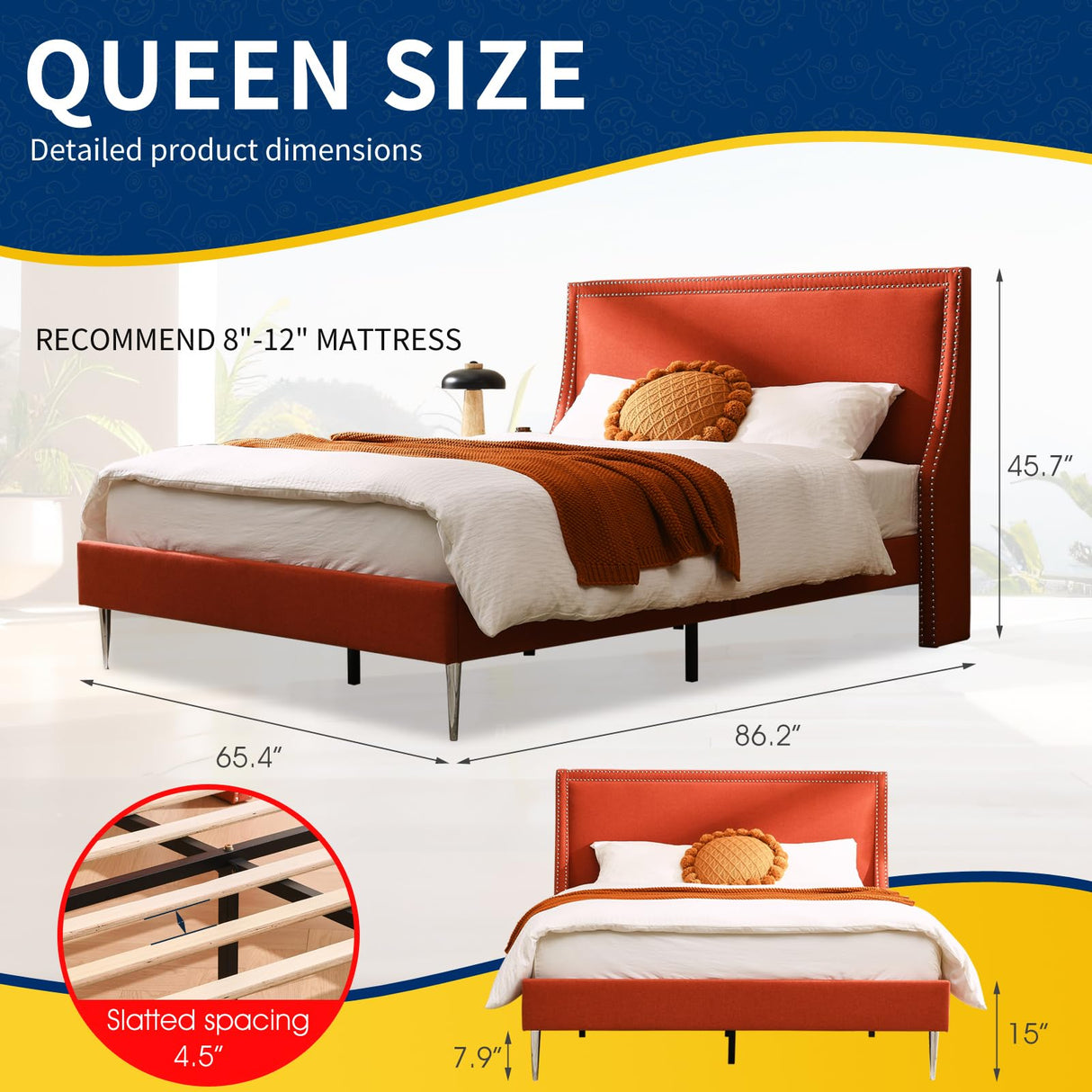 Upholstered Platform Bed Frame,Twin Wingback Headboard Inlaid with Metal Brass Nails,