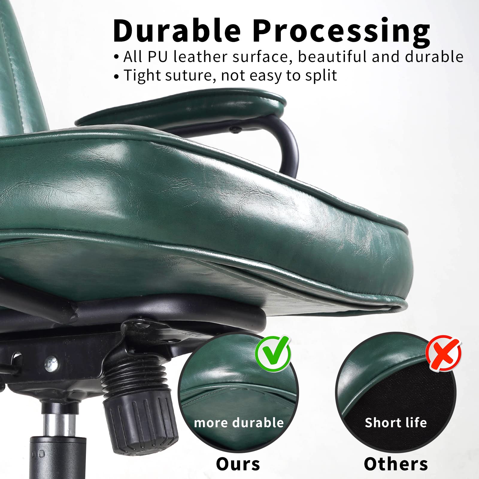 Mid-Century Green Leather Office Chair with Wheels and Arms