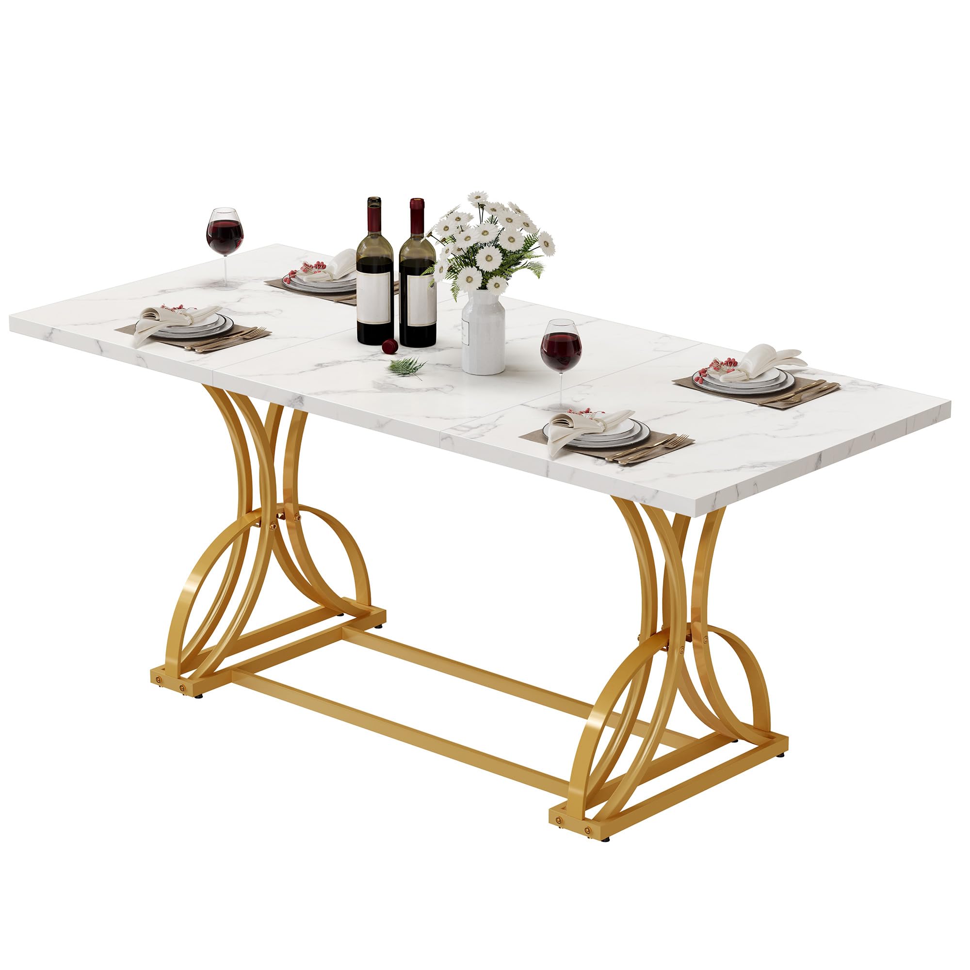 70.3" Modern Dining Table for 6-8 People - White Marble & Gold