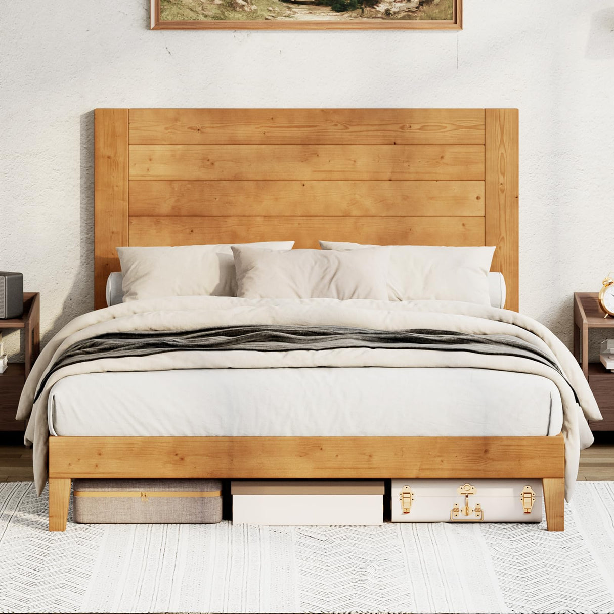 Queen Size Solid Wood Bed Frame with 48.6" High Headboard, Mid-Century Platform